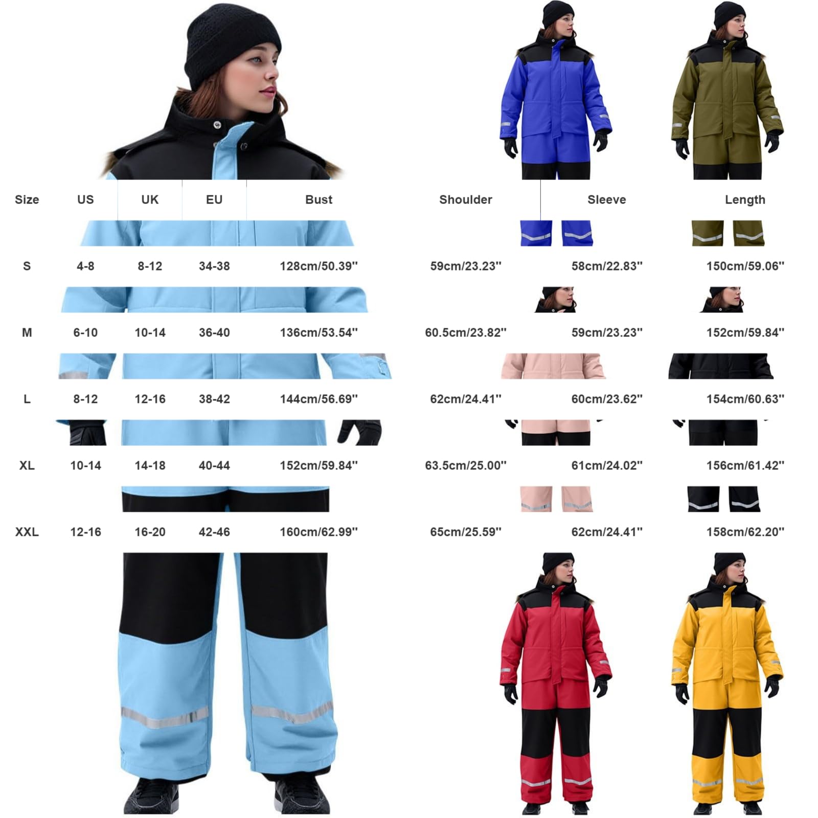 Generisch Damen Skianzug Einteiler Schneeanzug Wasserdicht Winddicht Winter Warme Schnee Skifahre Outdoor Jumpsuit Langer Overall Mit Reflektierenden Streifen Schneemantel Reißverschlusstaschen