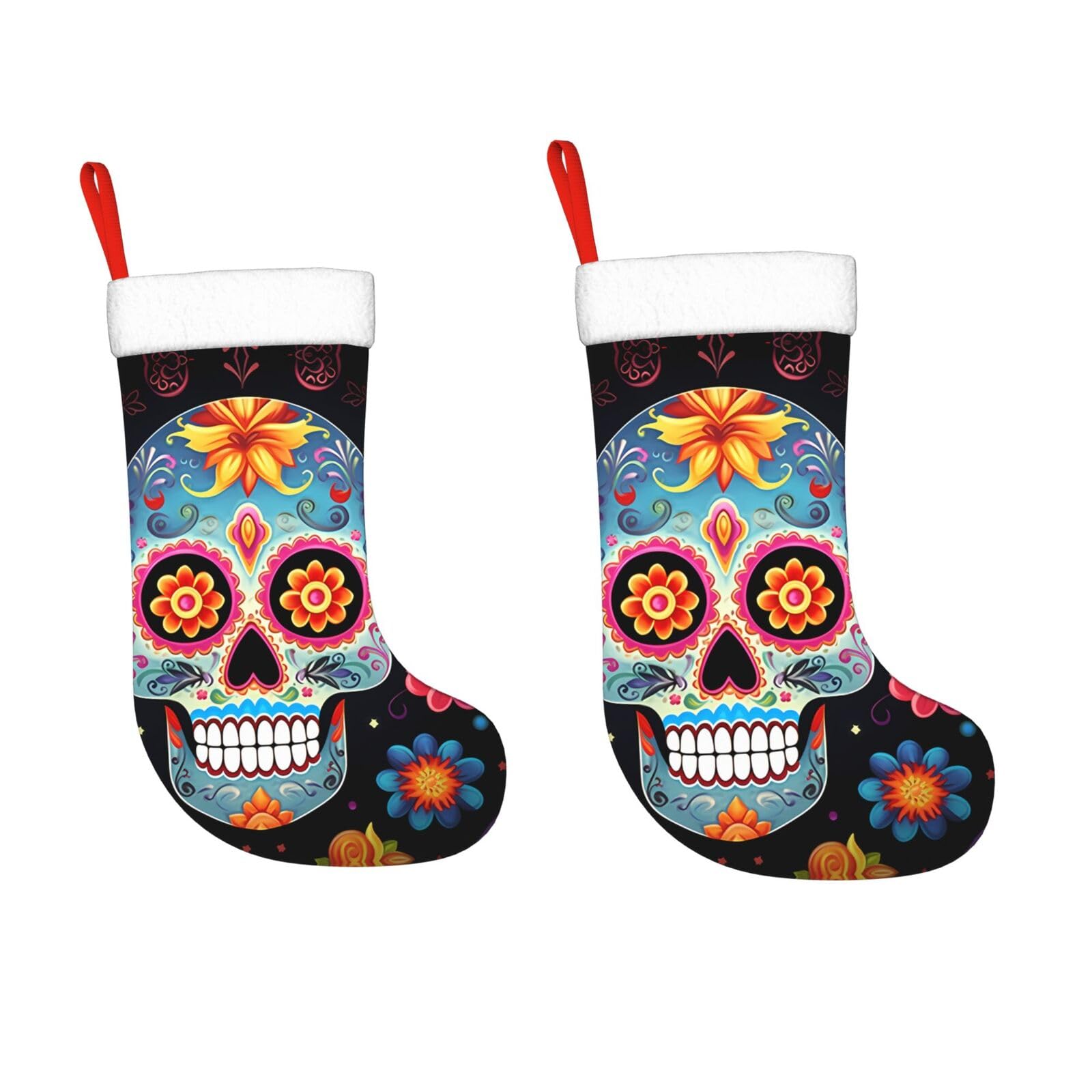 KLOPH 2 Pack 18 Inches Christmas Stockings Personalized Sugar Skulls Xmas Stocking Hanging Decoration Fireplace Stocking for Holiday Xmas Tree Christmas Fireplace Decor Gifts