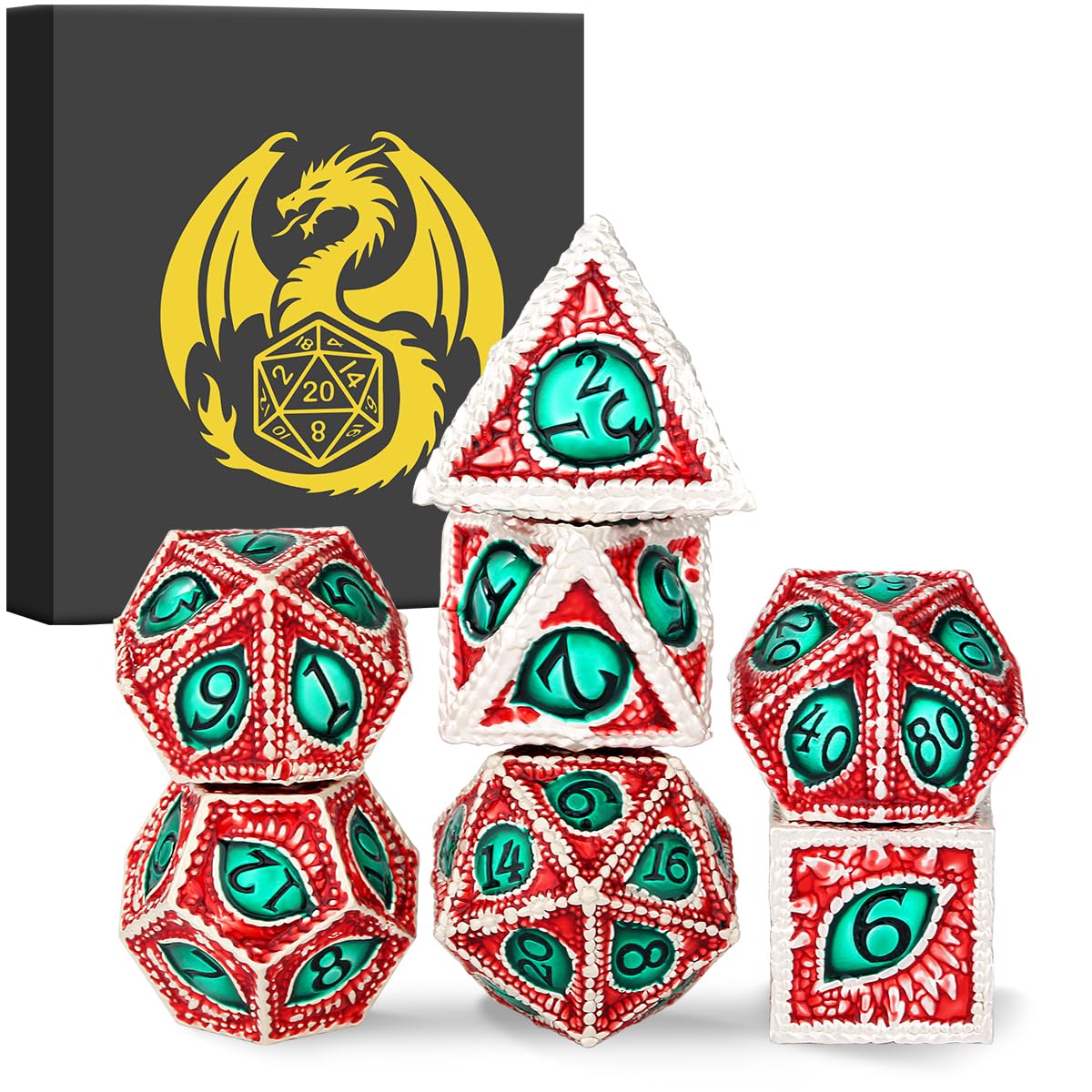 Metal Dice Set, Dragon Eye Theme, 7pcs Polyhedral Metal DND Dice Set, DND Starter Set, D&D Gifts with Gift Box, Role Playing Board Games Accessories, Silver Red Green