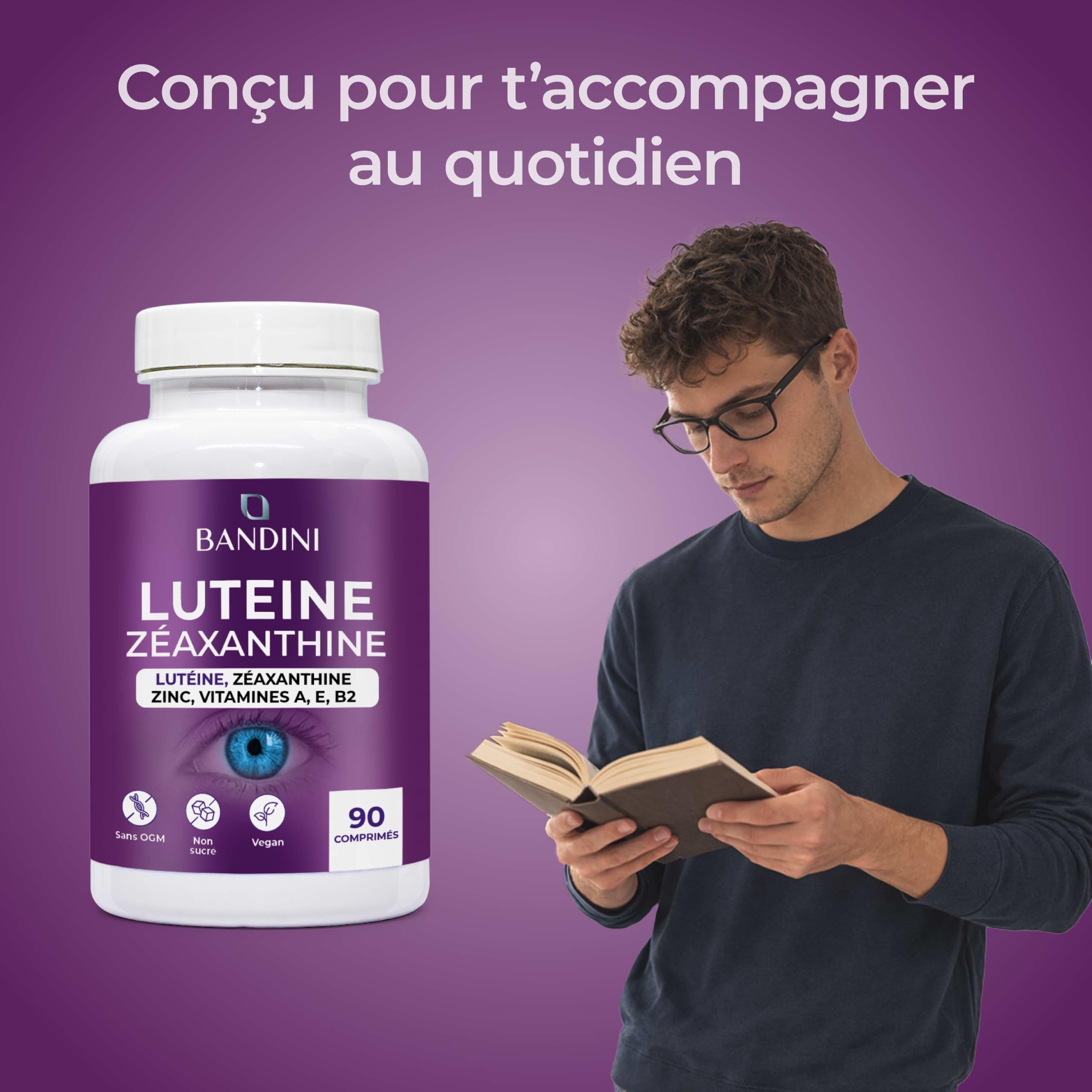Bandini® Lutéine et Zéaxanthine à Haute Dose, Complément Antioxydant pour les Yeux avec Myrtille et Vigne Rouge, Zinc, Vitamines A, B2 et E – Soutien Naturel de la Vision – 90 Comprimés