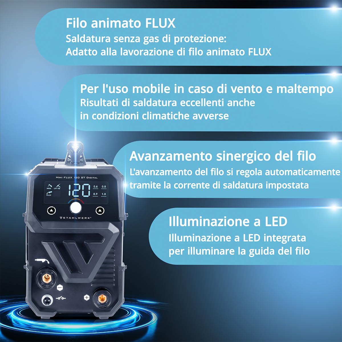 STAHLWERK Saldatrice Mini FLUX 120 ST Digitale – Saldatura a filo animato (FLUX) senza gas fino a 120 A, compatta, avanzamento sinergico e luce LED, Lift-TIG e MMA