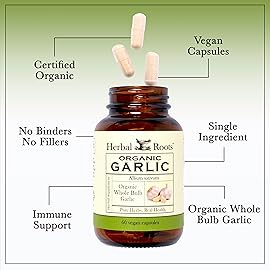 Herbal Roots Organic Whole Bulb Garlic Pills - Potent Extra Strength | 600 mg - 60 Organic Vegan Capsules