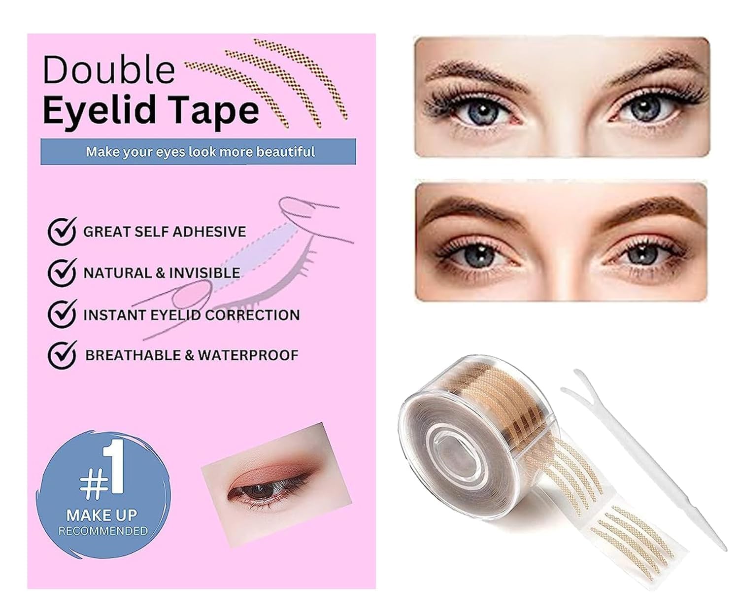 600 Pair Eyelid Tape | Waterproof & Invisible Double Eyelid Stickers for Hooded Eyes Makeup | Eyelid Tape Tools Sticker Strips with Fork | Double Sided with Premium Looks Roll Case 1