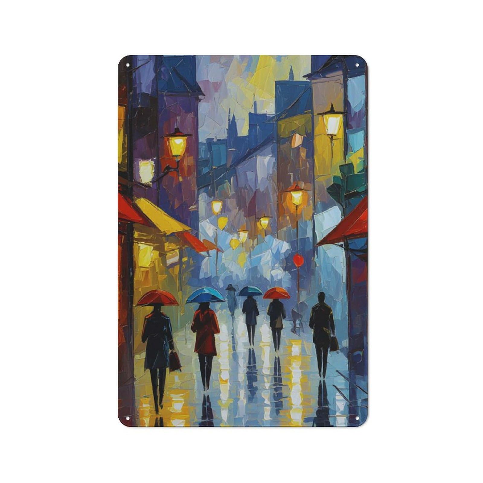 Junmoney Rainy City Street Painting Tin Wall Plaque 30X20cm With For Kitchen Or Home Bar, A Christmas Gift For People Styling Kitchen And Home Bar