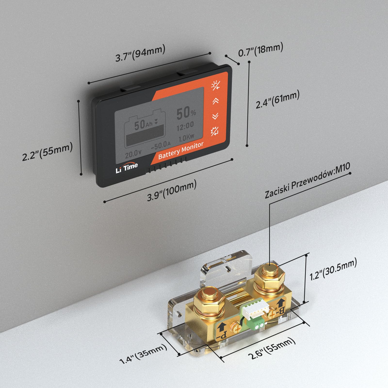 LiTime Miernik Poziomu Naładowania Akumulatora z Bocznikiem, Miernik Poziomu Naładowania Akumulatora 500A 8V-120V Podświetlanym Ekranem LCD, Alarmem Dźwiękowym dla Kamperów Motocykli Wózków Golfowych