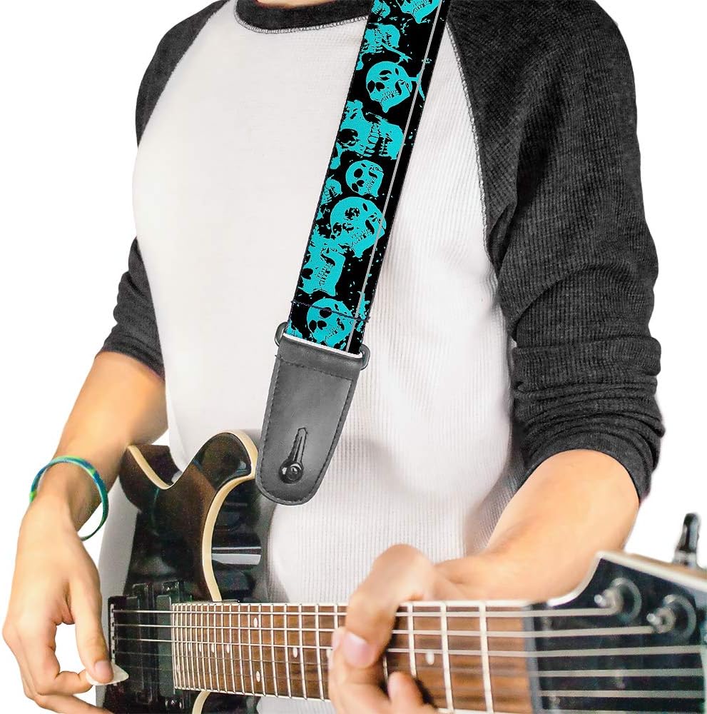 Buckle-Down GS-W34555 Guitar Strap - Skulls Stacked Weathered Black/Teal, 2" Wide & 29-54" Length