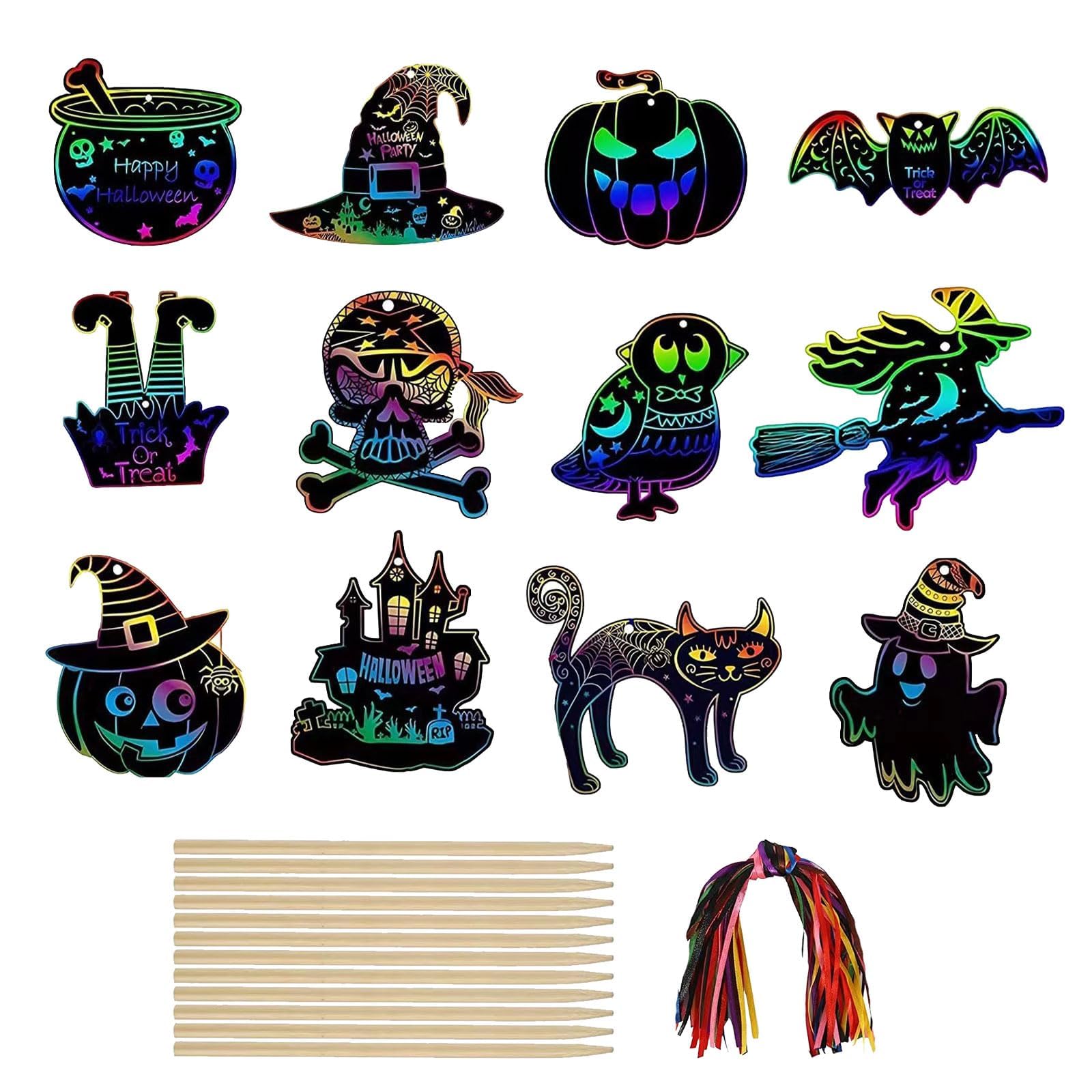Vordpe Pack of 48 Halloween Scratch Pictures, Colourful Halloween Scratch Art for Children, Halloween Embellishments Hanging Craft Kits, Scratch Art Paper with Wooden Pens Ribbon (B-GHZ307)