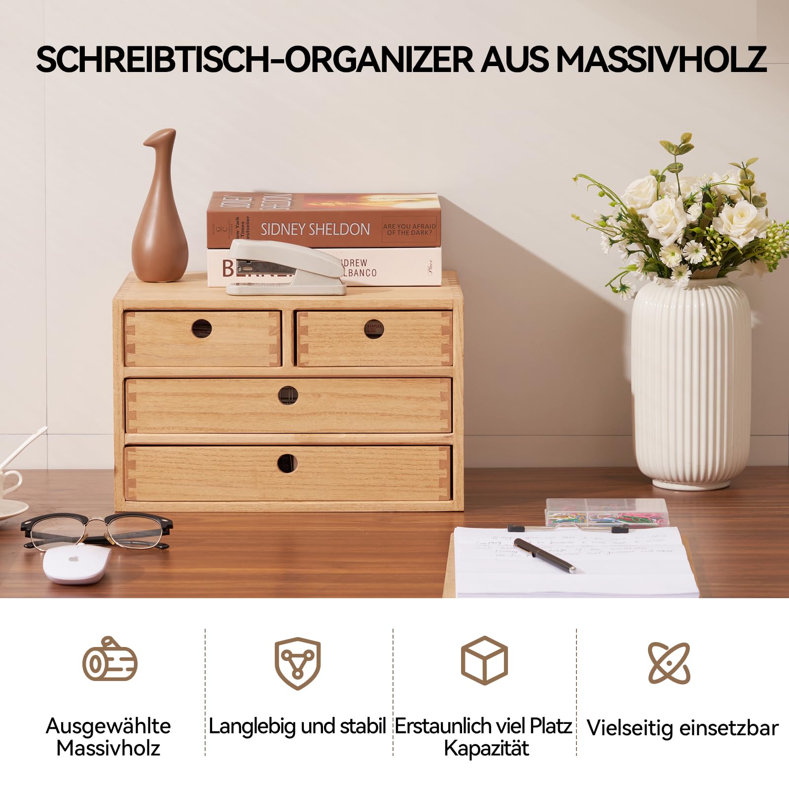 KIRIGEN Schreibtisch-Organizer aus Paulownia-Holz, 35 x 27 x 21,5 cm, Schubladenbox mit 4 Schubladen, stapelbare Dokumentenablage für A4-Papier, Büro und Homeoffice Natur