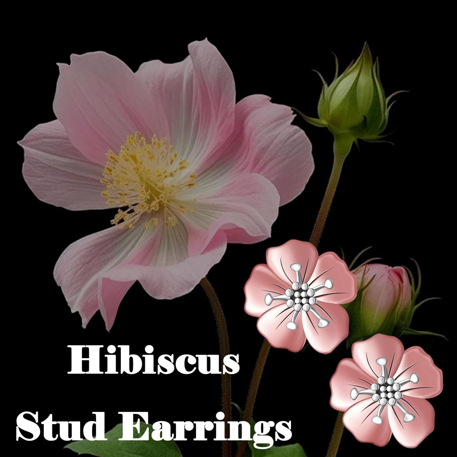 Hibiscus Earrings Studs for Women - 925 Sterling Silver Hibiscus Flower Stud Earrings Rose Gold-plated Floral Earring Hypoallergenic Gift
