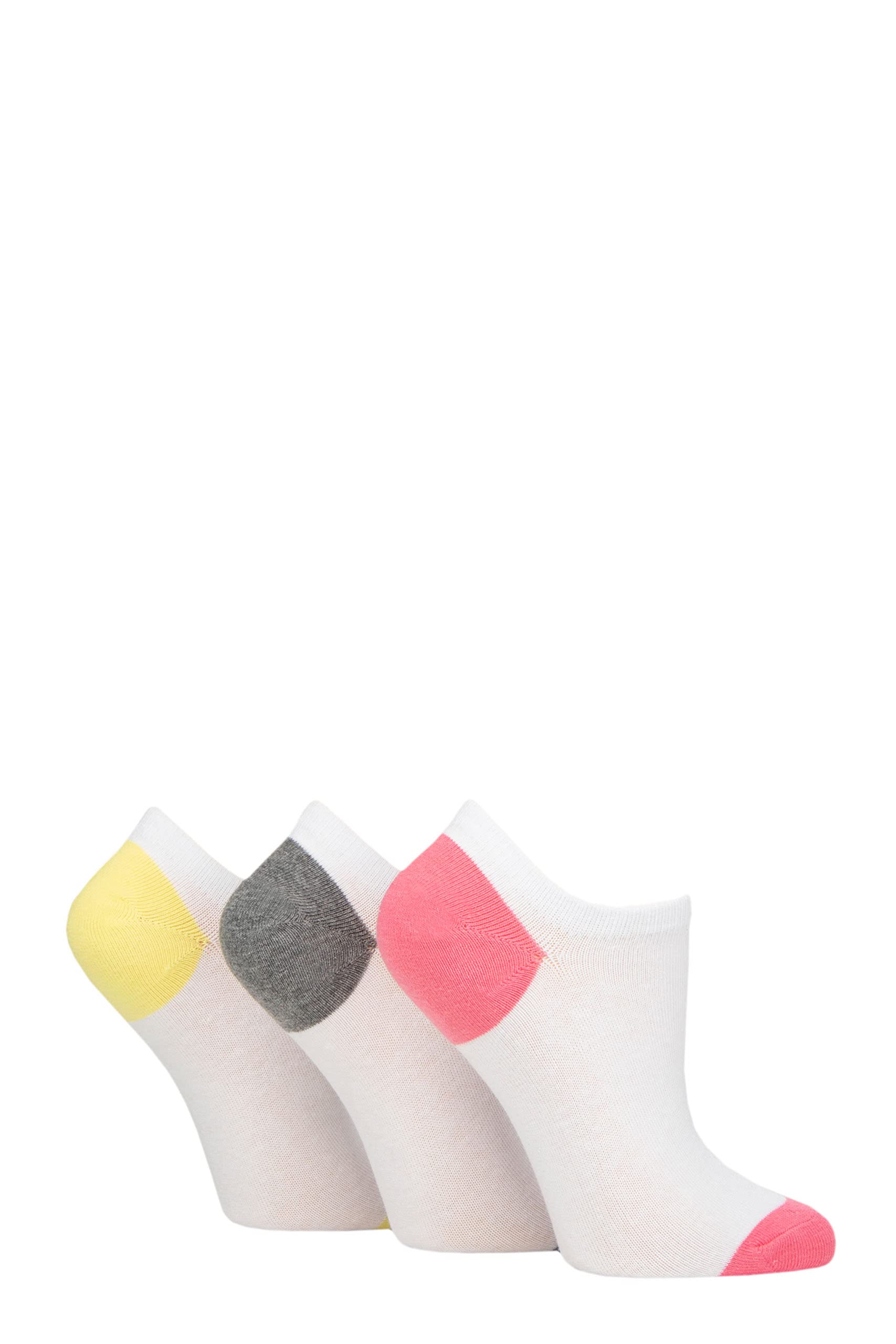 Pringle Ladies Plain Cotton Secret Socks Pack of 3 White Pink/Grey/Yellow Heel & Toe 4-8