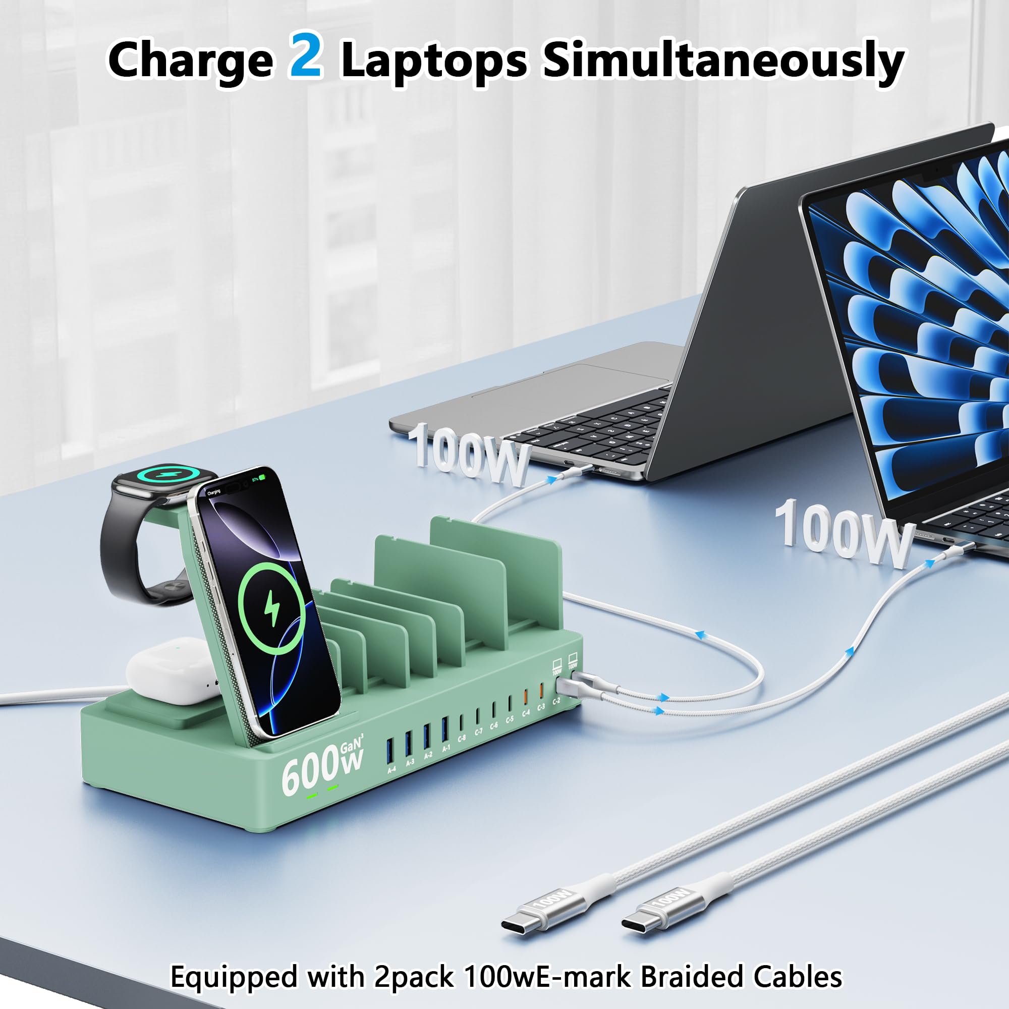 Estación de carga de 600 W para múltiples dispositivos, cargador inalámbrico 15 en 1 con 2 cables de carga USB C de 100 W, estación de carga dual USB C de 100 W para MacBook, iPhone, iPad, tableta