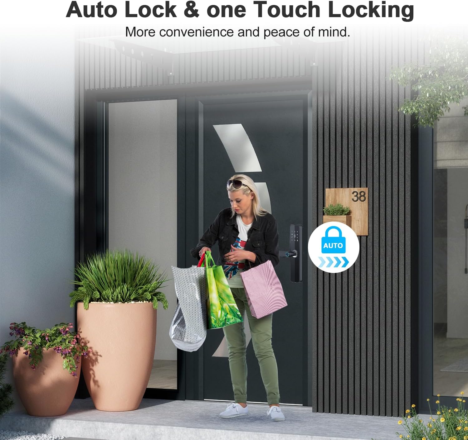 Auto Lock & one Touch Locking feature of the Makayuron H06 Smart Door Lock, showing a person leaving a house with the lock automatically engaging.