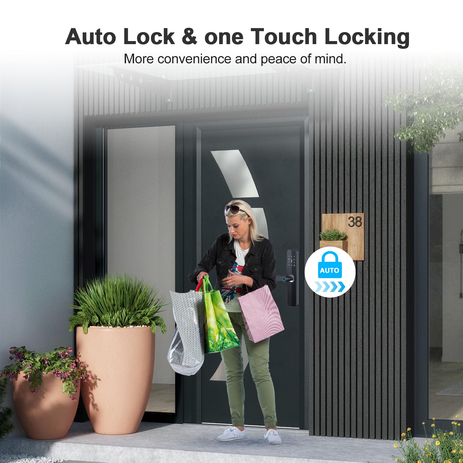 Close-up of the smart door lock's exterior panel showing the emergency charging port and a power bank connected, with text explaining how to use it when the battery is dead.