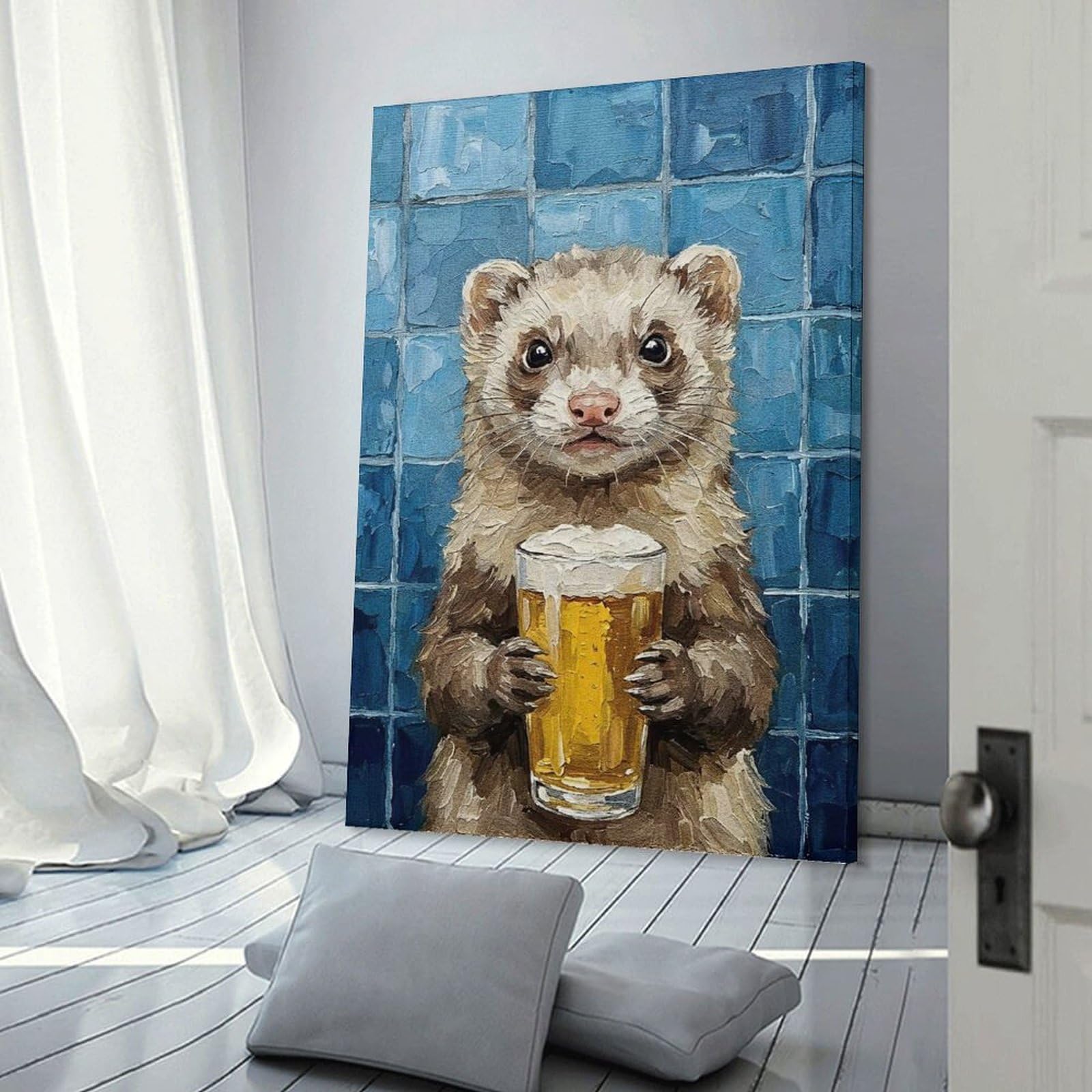 Junmoney Frame-Style-14 Ferret With Beer Painting Wall Picture Print, 20X30inch(50X75cm), For New Homes, Bedrooms Or Workspaces, Thoughtful Wall Decor For Art Lovers