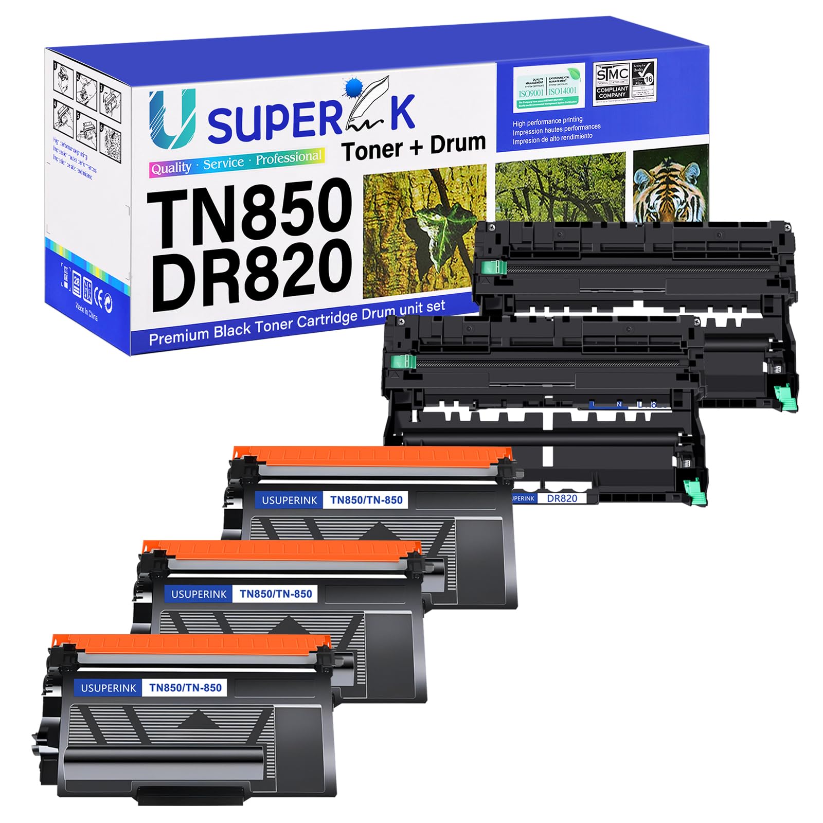 SuperInk 5 Pack High Yield Black Toner Cartridge & Drum Unit Combo Replacement Compatible for Brother TN850 TN-850 DR820 DR-820 DCP-L5500DN