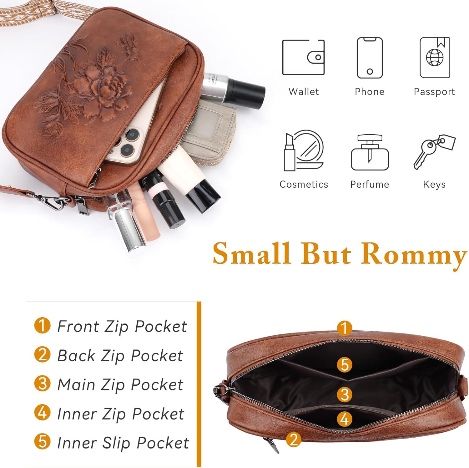 Small Crossbody Purses for Women, Trendy Vegan Leather Crossbody Bag Embossed Travel Shoulder Handbags with Wide Strap - Image 4