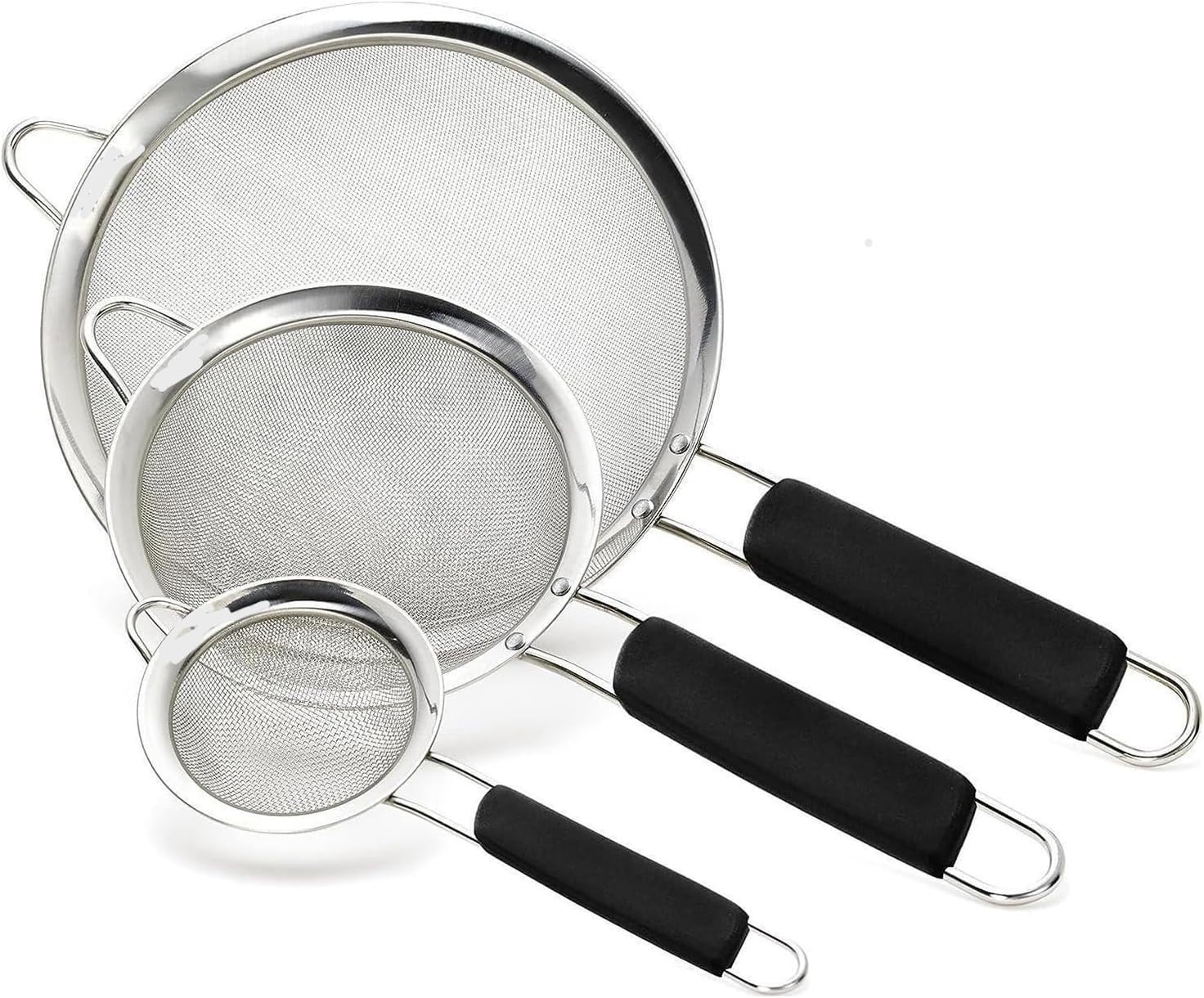 ELEEN Stainless Steel Strainer | Set of 3 Kitchen Strainers Available Sizes (S,M,L) | Perfect Strainers for Kitchen Use (Black Handle Pack of 3)
