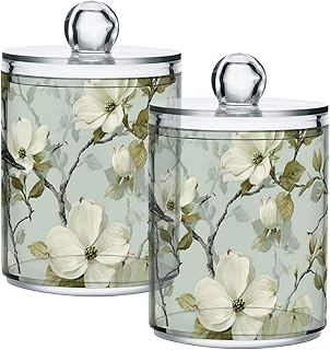 susiyo 2 Pack Qtip Holder,Artistic Dogwood Bloom Pattern Canister Apothecary Jar Set,Bathroom Jars with Lids Set for Cotton Swabs,Balls,Pads,Floss Picks,Plastic Canisters Restroom Bedroom Vanity Organ
