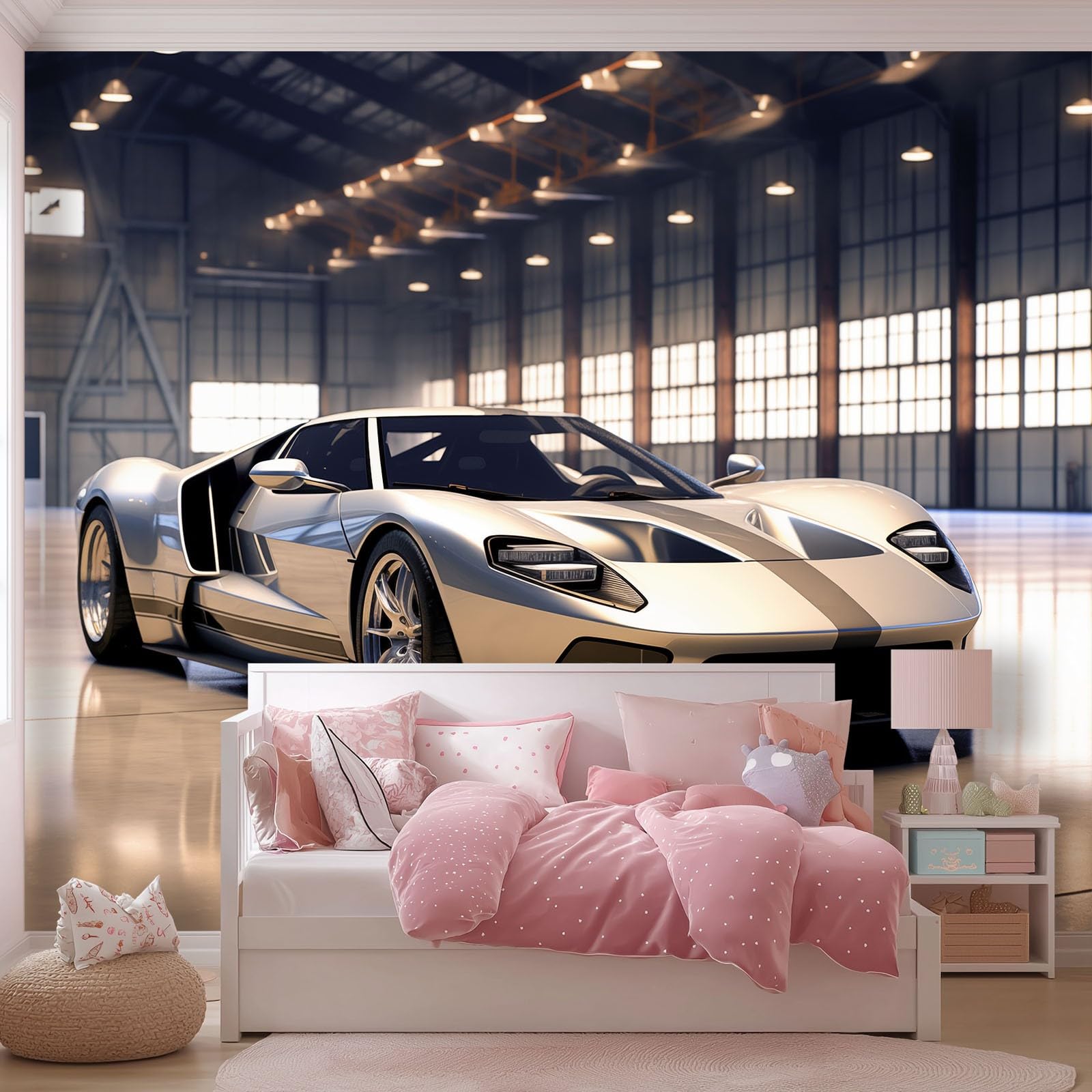 Papel pintado Coche Deportivo 200 x 140 cm, Estilo 3D Moderno Póster fotográfico mural papel pintado moderno decoración de pared sala de estar dormitorio oficina habitación infantil, Plateado