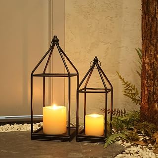 DECORKEY Luxury Lantern Decorative Outdoor&Indoor, Set of 2 (18’’&14’’) Black Metal Lanterns Decor, Vintage Hanging Candle Holder for Home Porch Wedding Centerpiece,Halloween Christmas Decorations