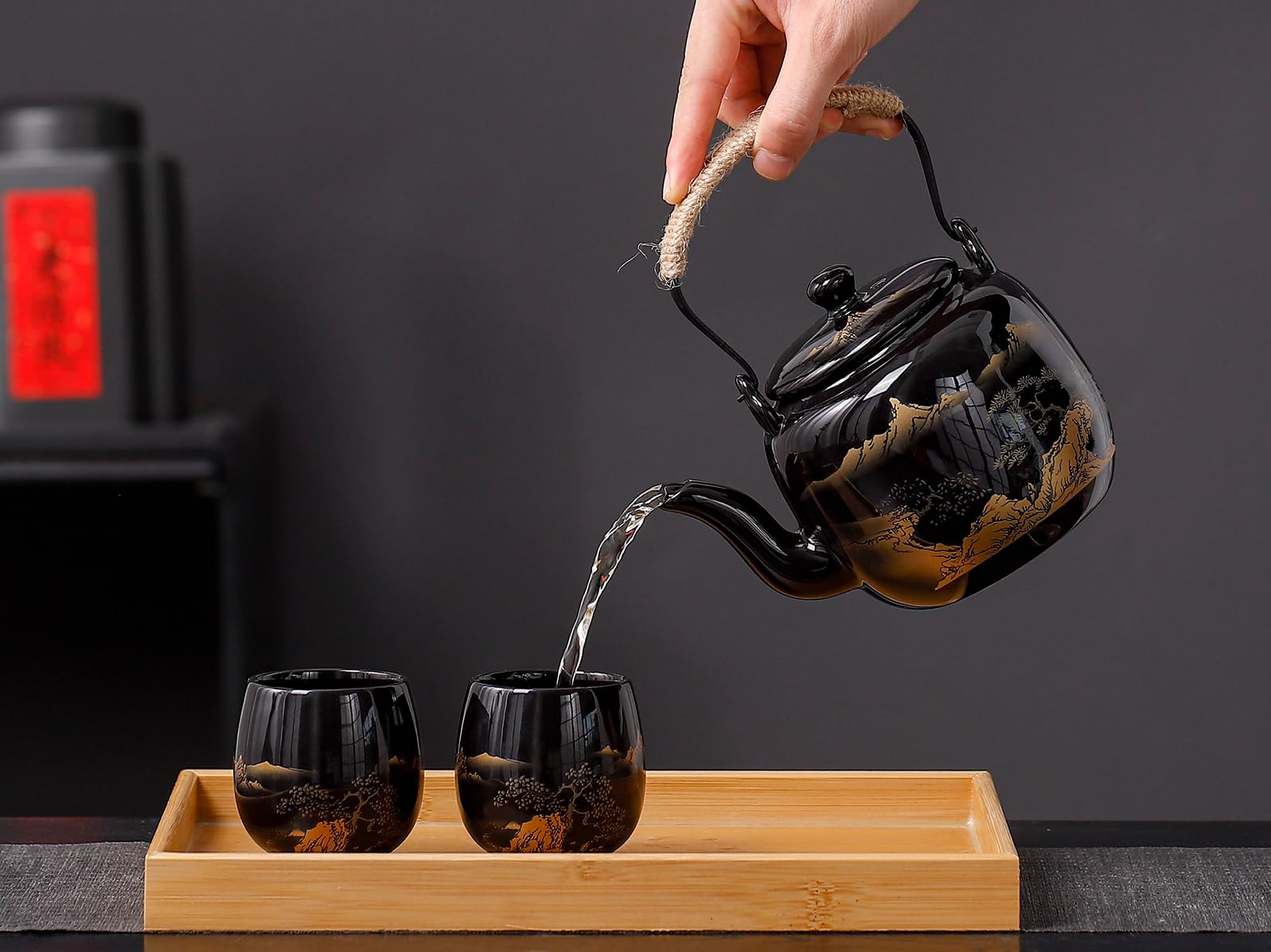 Set da tè tradizionale giapponese, set di teiera giapponese, set da tè asiatico nero smaltato con 1 teiera, 6 tazze da tè, 1 colino da tè, 1 vassoio da tè (nero paesaggistico orizzontale)