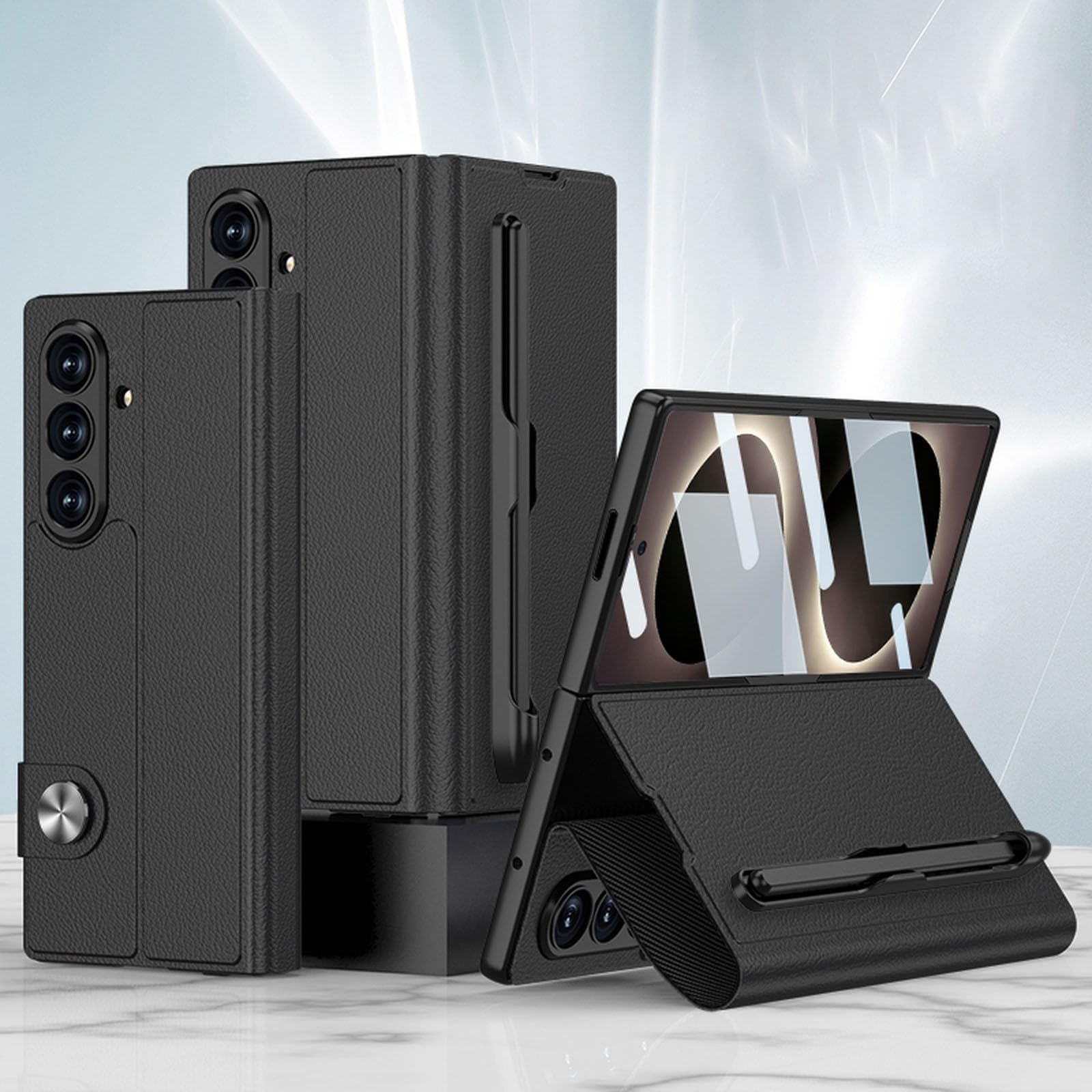 Generic etui kompatybilne z Samsung Galaxy Z Fold 8 Ultra (kolor: czarny) odporny na wstrząsy skórzany uchwyt na długopis twarde etui z klapką z przednią folią szklaną