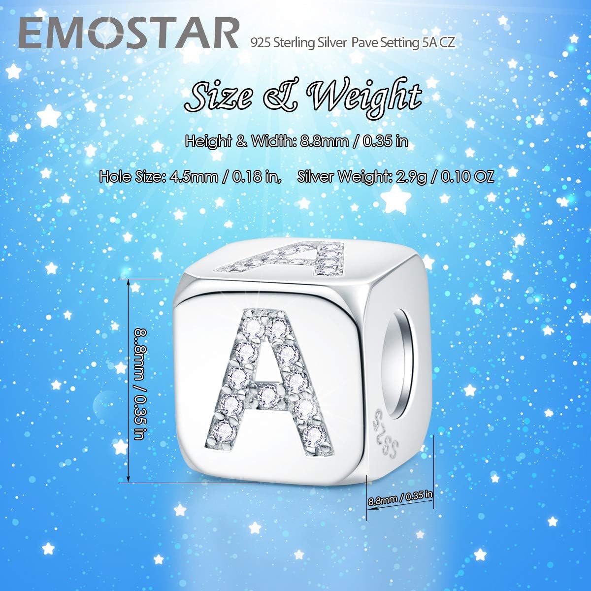 EMOSTAR Dice-Shaped 26 Block Letters Charms Initial A-Z Alphabet Beads, 925 Sterling Silver Square Cube Charms with CZ fits European Women Bracelet, Gifts for Birthday/Christmas/Mom/Lover - Image 2