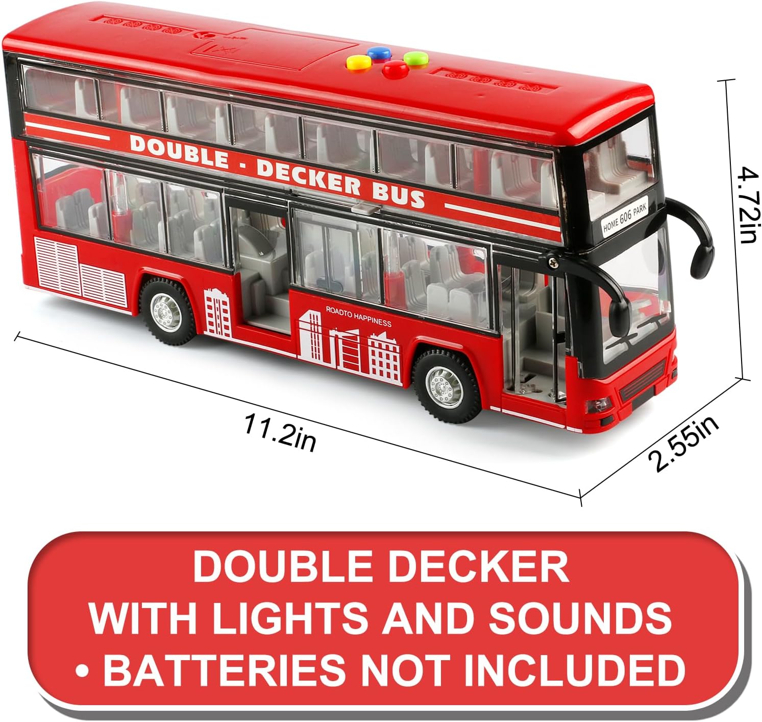11"(28cm) Double Decker Bus Toy with Lights & Sounds, Scale(1:16) Friction Powered Bus Toy for Kids with Indoor Ceiling Lights and 4 Different Sounds - Gift for Kids Ages 3+ (Red)