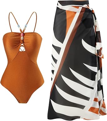 OMEWEE Womens Vintage-inspired One-piece Swimsuit Set with Abstract Print Wrap Skirt - S-XL, Green