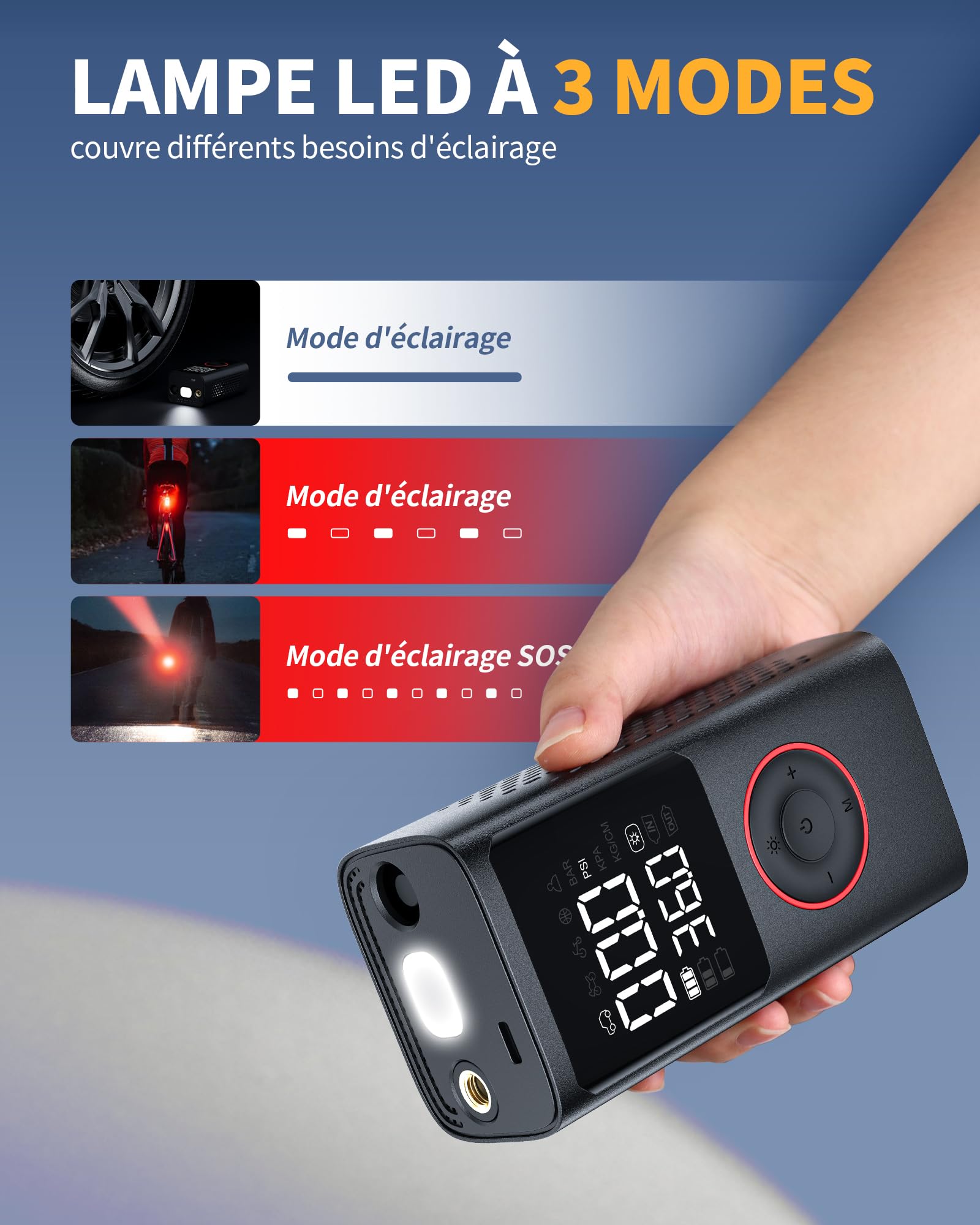 Powools Gonfleur Pneus Voiture Sans Fil – Compresseur à Air Portatif 150 PSI avec Arrêt Automatique & Lumière LED, Pompe à Vélo Électrique pour Voiture, Moto, Vélo, Ballon, 8.90 X 4.75 X 13.79 CM