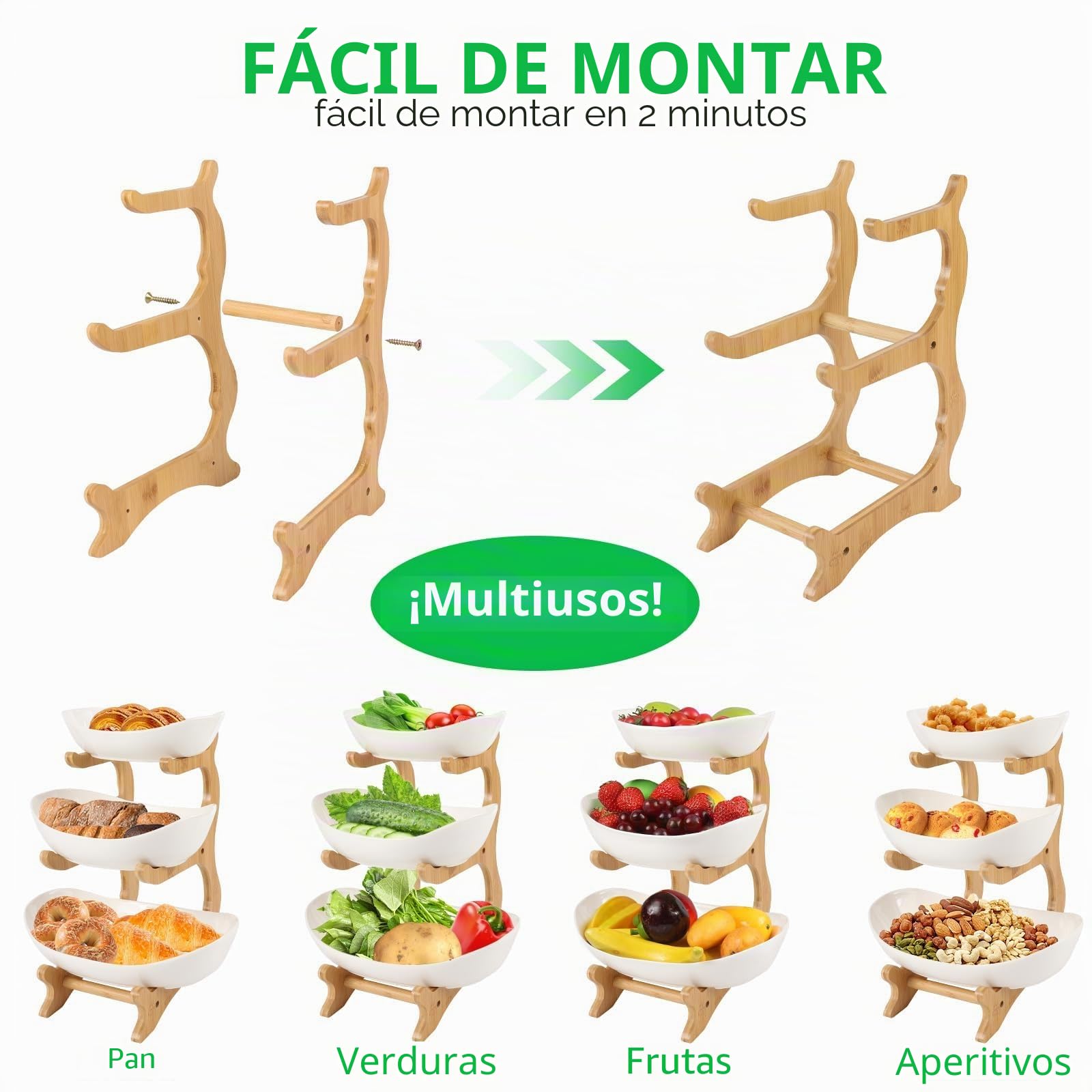 Dreamhigh® Frutero de Cocina Moderno de Cerámica, 3 Pisos Cesta para Frutas y Verduras Estable y Sin Sacudidas, Con Base de Bambú para Sala de Estar