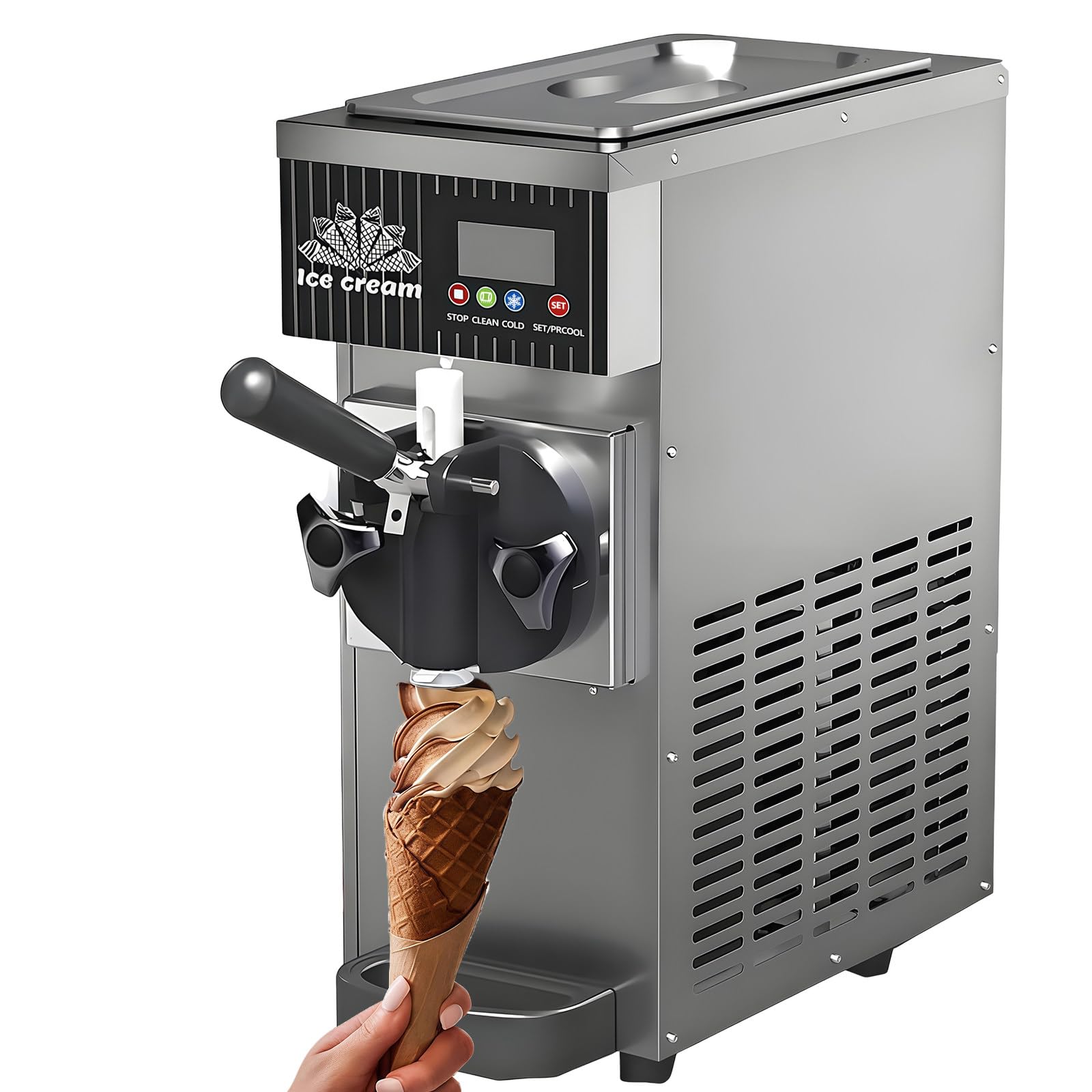 BANGBANGJI Single Flavor Countertop Soft Serve Ice Cream Machine, Commercial 4.5-8kg/H Yield Cream Maker 3.5L Hopper, with LED Panel Auto Clean Pre-Cooling, for Restaurants & Snack Bars Metallic