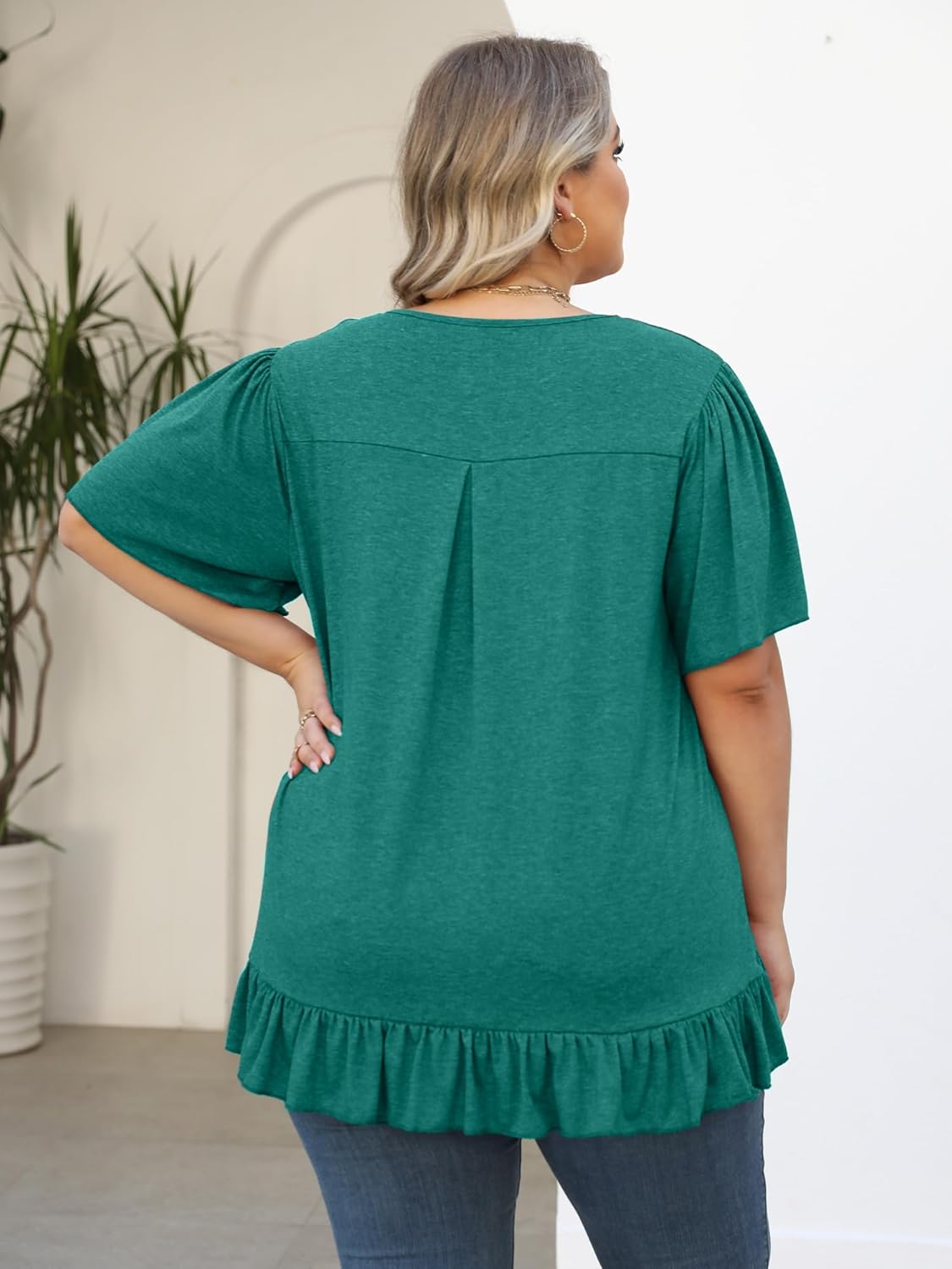 Womens Plus Size Tops Dressy Casual Blouses Square Neck Ruffle Hem Tunic Summer Going Out Shirts Short Sleeve 2025 - Image 3
