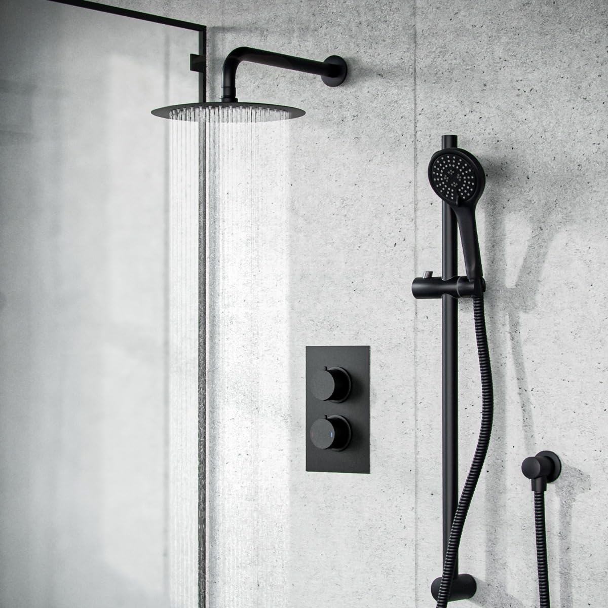 Nes Home Black Violet 2 Dial 2 Way Thermostatic Mixer, 200Mm Rainfall Shower Head, Slider Rail & Handset Matte
