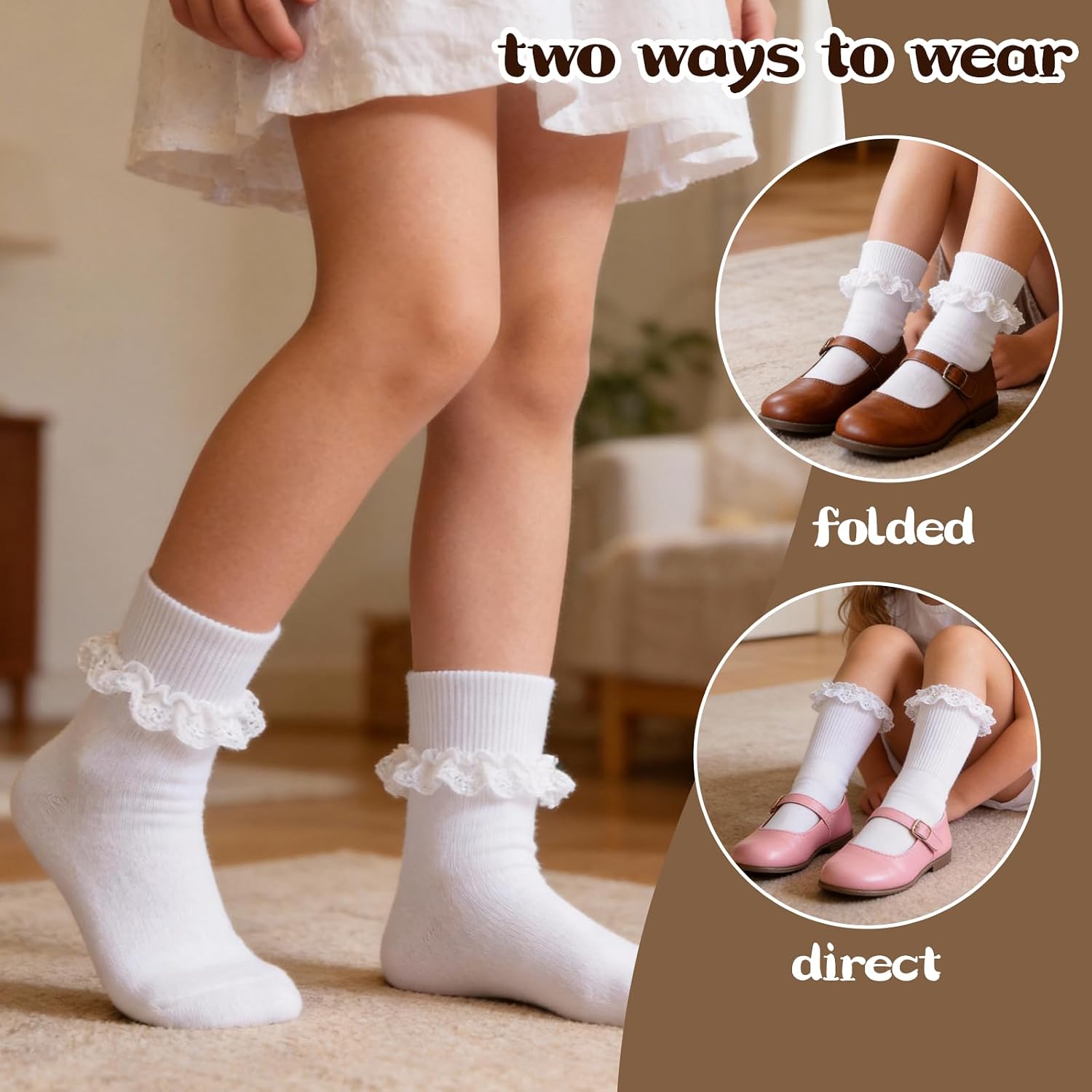 White Girls Ruffle Socks Toddler Double Lace Frilly Dress Socks Ruffles Fold Over Church Fancy Sock for Little Kids