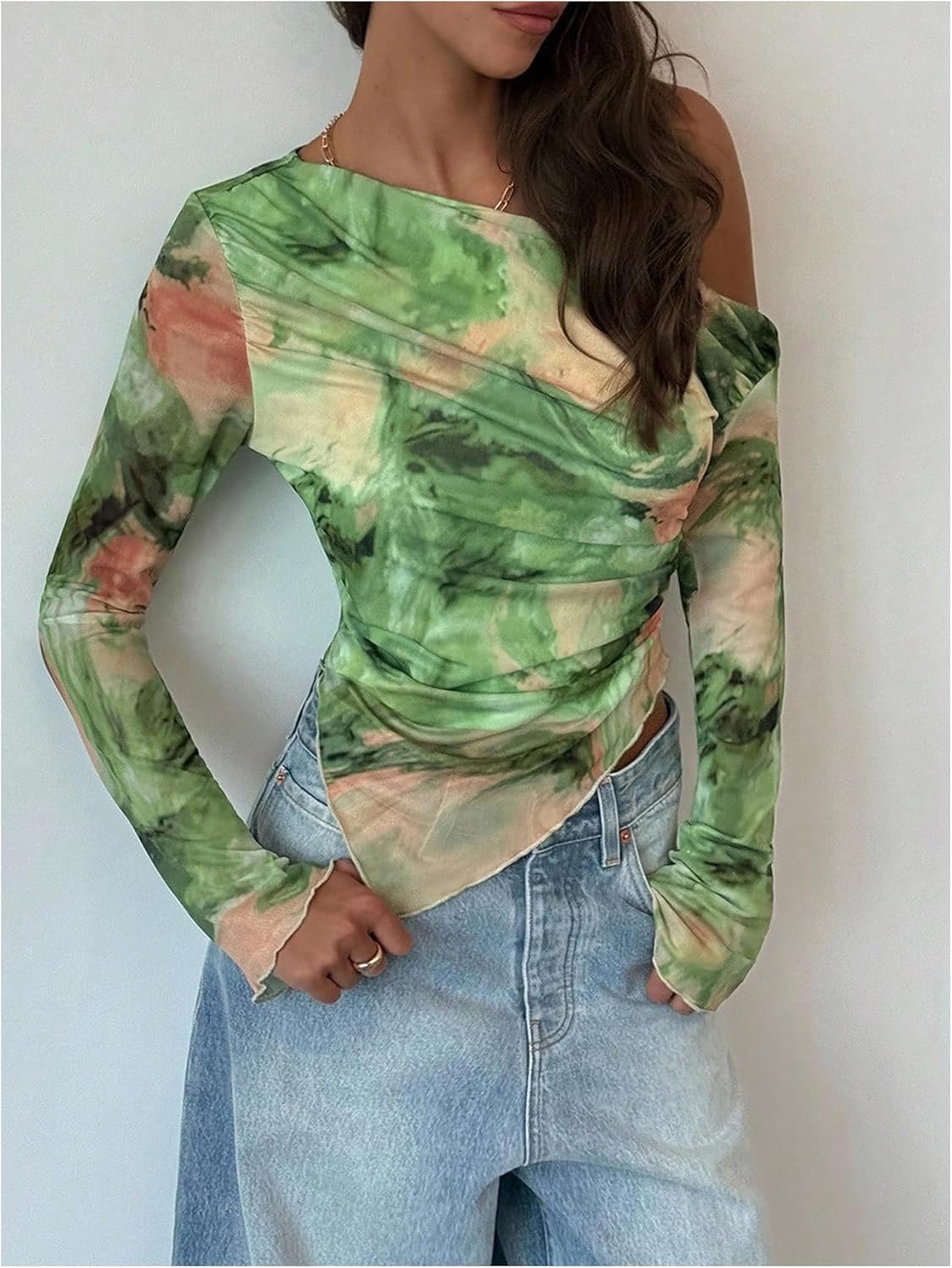 Floerns Women's Going Out Off The Shoulder T Shirts Long Sleeve Hanky Hem Mesh Y2k Tee Tops - Image 4