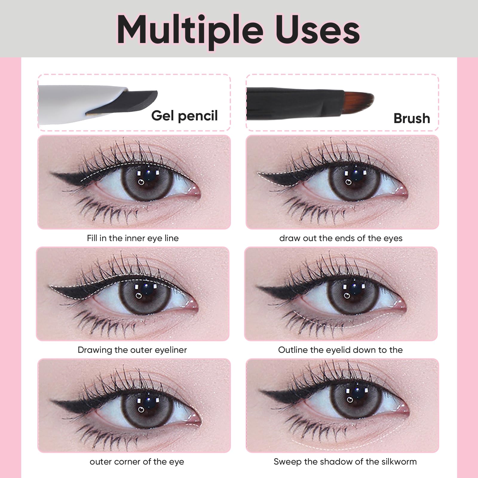 Lápiz delineador de ojos de gel impermeable, altamente pigmentado, a prueba de manchas, punta ultrafina y duradera para un maquillaje preciso de ojos, cepillo integrado para una fácil 7