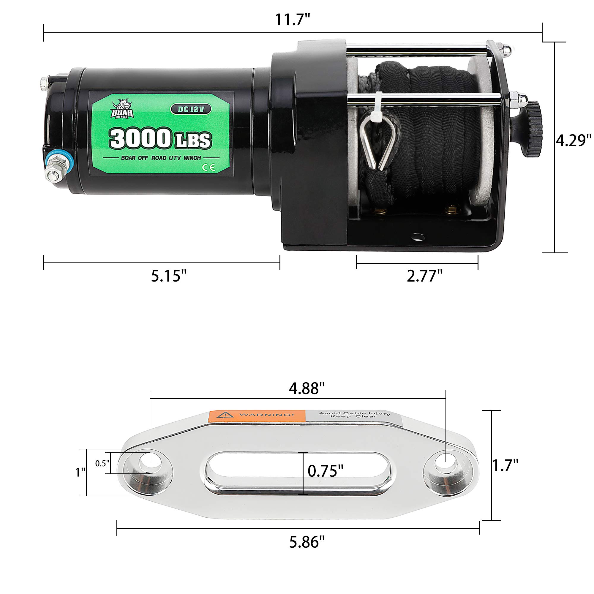 OFF ROAD BOAR 3000lb. Load Capacity Electric Winch Kit, 12V Synthetic
