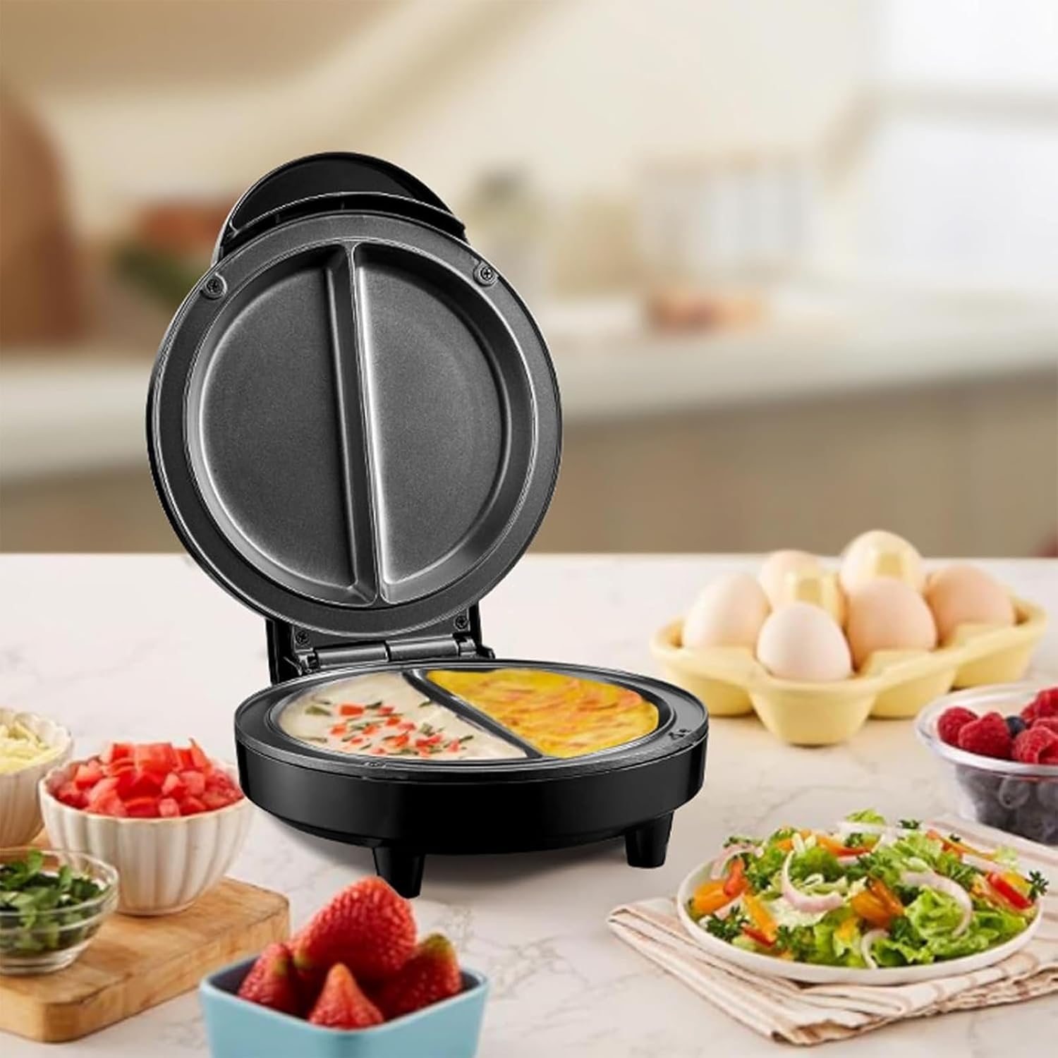 Dual-Zone Electric Omelette Maker, Electric Omelette Maker Machine, Omlet Maker ElectricNonstick, Non Stick Coating with Indicator Lights Anti-Silp Base Anti-Scald Handle, Quick & Easy