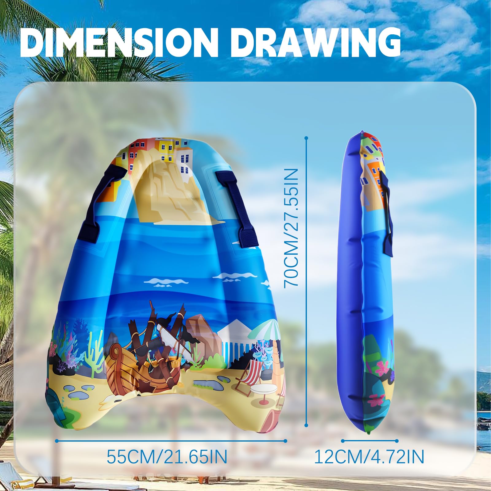 Bodyboard Inflable, con Asas, Niños Bodyboard Inflable, Portátil Hinchable Tabla de Surf, Flotante Tabla Surf, Hinchable Tabla Bodyboard, Inflable Tabla de Natación para Niños, 77*55*12cm