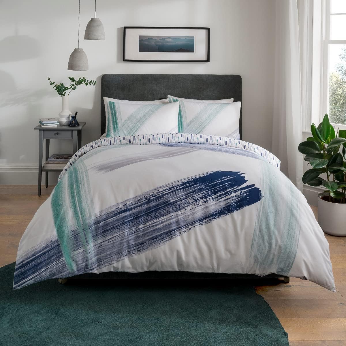Sleepdown Abstract Brush Strokes White Teal Navy Reversible Duvet Cover Quilt and Pillow Cases Bedding Set Soft Easy Care - Super King (220cm x 260cm)