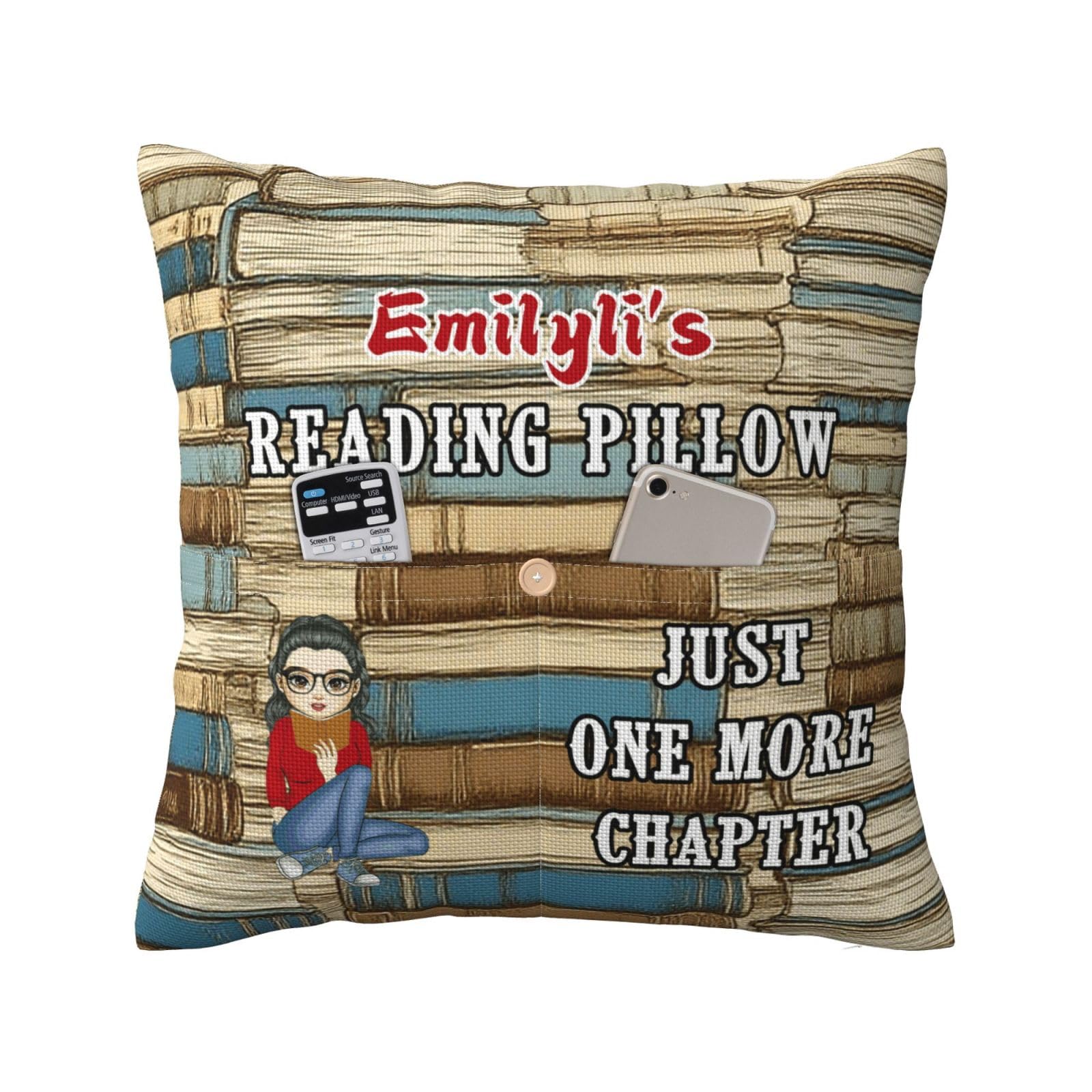 SweetJECCU Personalized Book Reading Pocket Pillow Cover, Just One More Chapter, Custom Name Reading Pillowcase for Bed Sofa Couch, Books Lover Gifts for Bookworm Bookish Readers Librarian (Style 10)