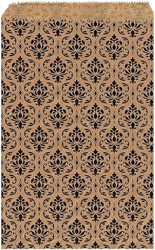 MOOCA 200 Pcs Damask Paper Gift Bags, Small Business, Jewelry, Candy, Popcorn, Cookie & Treat Bags - 4 W x 6 H in, Brown with Black Damask