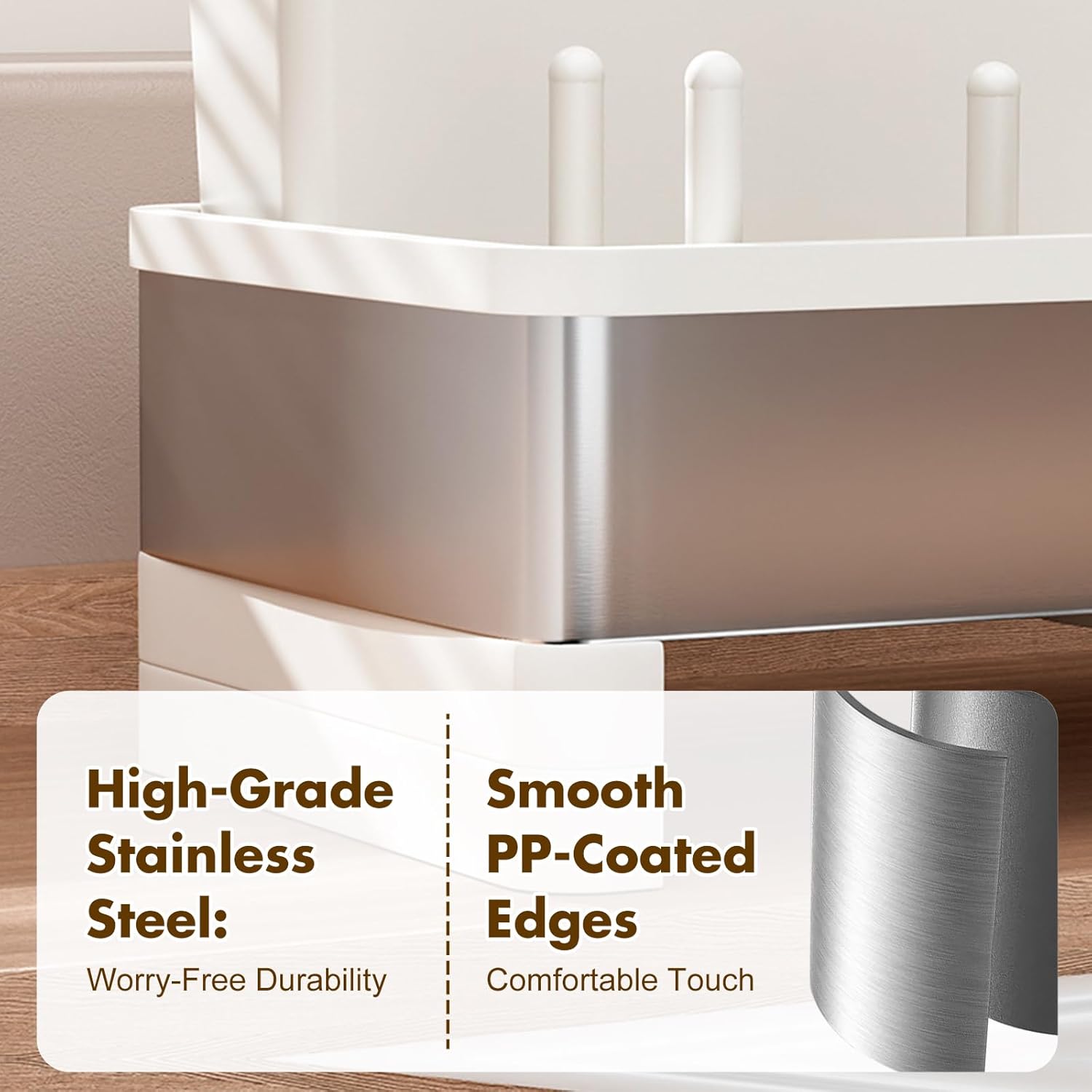 Sponge Holder for Kitchen Sink, Stainless Steel Sink Caddy with Brush Holder, Dishcloth Rack and Holds Soap Dispenser, Auto-Drain Rustproof Countertop Organizer (White) - Image 6