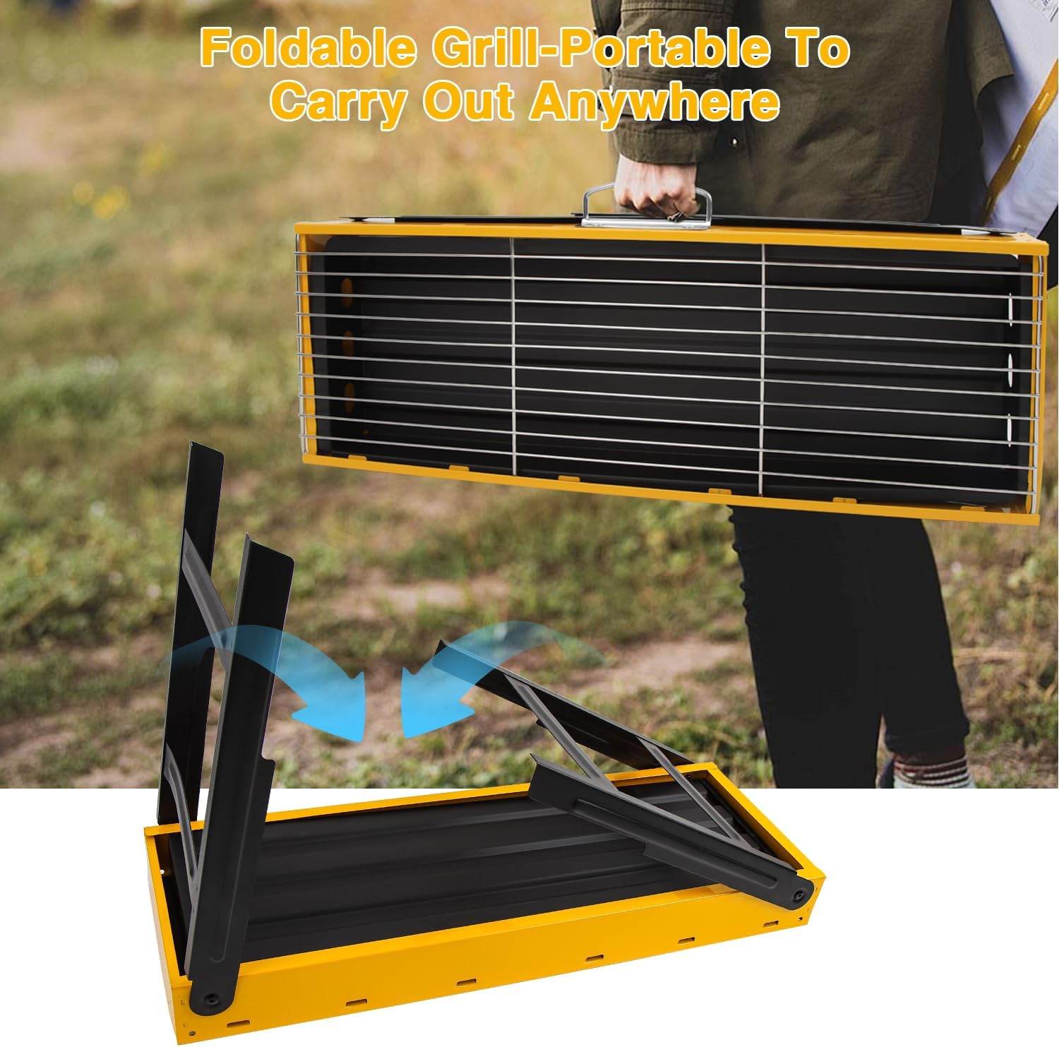 Portable Charcoal Grill, Portable Tabletop BBQ for Outdoor Cooking | Compact Folding Grill for Camping, Hiking, Picnics & Travel | 24”x13”x9” Lightweight Smoky Flavor Grill