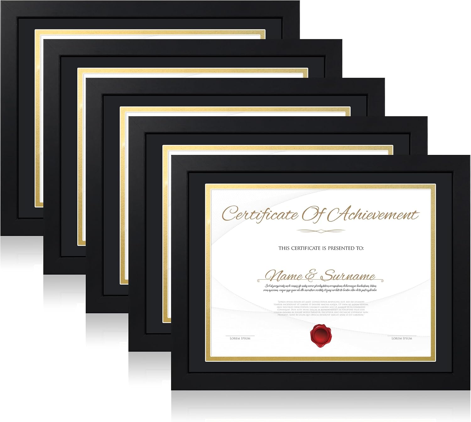 8.5x11 Diploma Frame with Real Glass - Set of 5, Black Over Gold Double Mat - Display 8.5 x 11 Document Certificate with Mat or 10x13 Pictures without Mat for Tabletop & Wall Mount