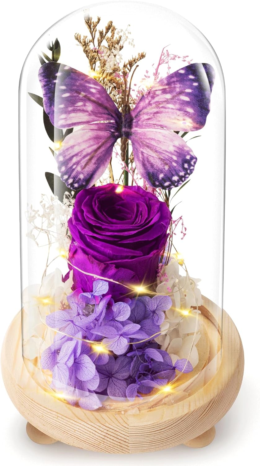 JIGQGY Forever Flowers Preserved Roses Prime Delivery, Romantic Gifts with Light in Glass Dome for Mom Grandma Wife Girlfriend, Purple Flower for Valentine's Day, Mother's Day, Anniversary, Birthday