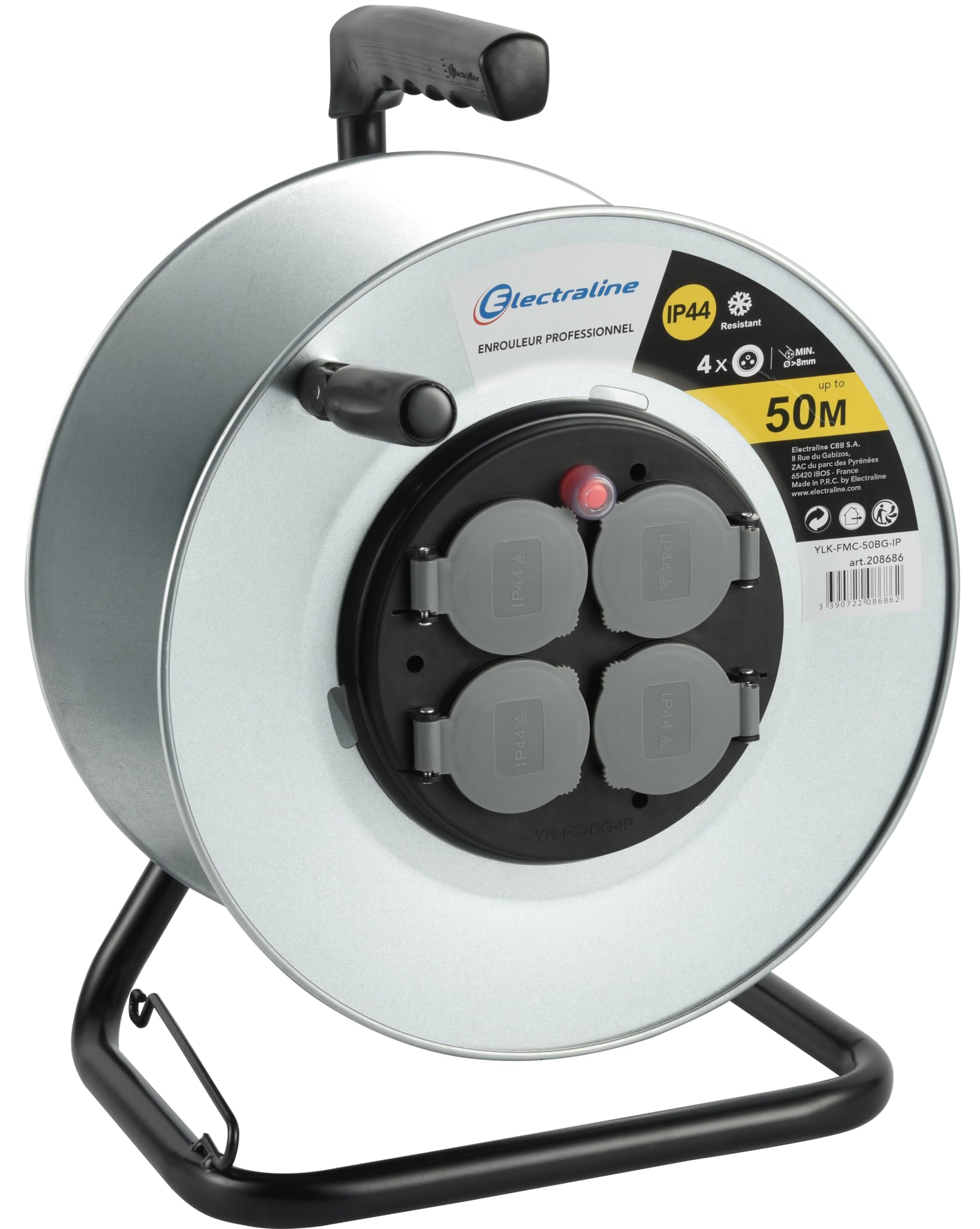 Electraline 208686 – Enrollador eléctrico profesional para obras en metal 4 enchufes, IP44, con guía para el cable (sin cable) y mango ergonómico y práctico para guantes de trabajo
