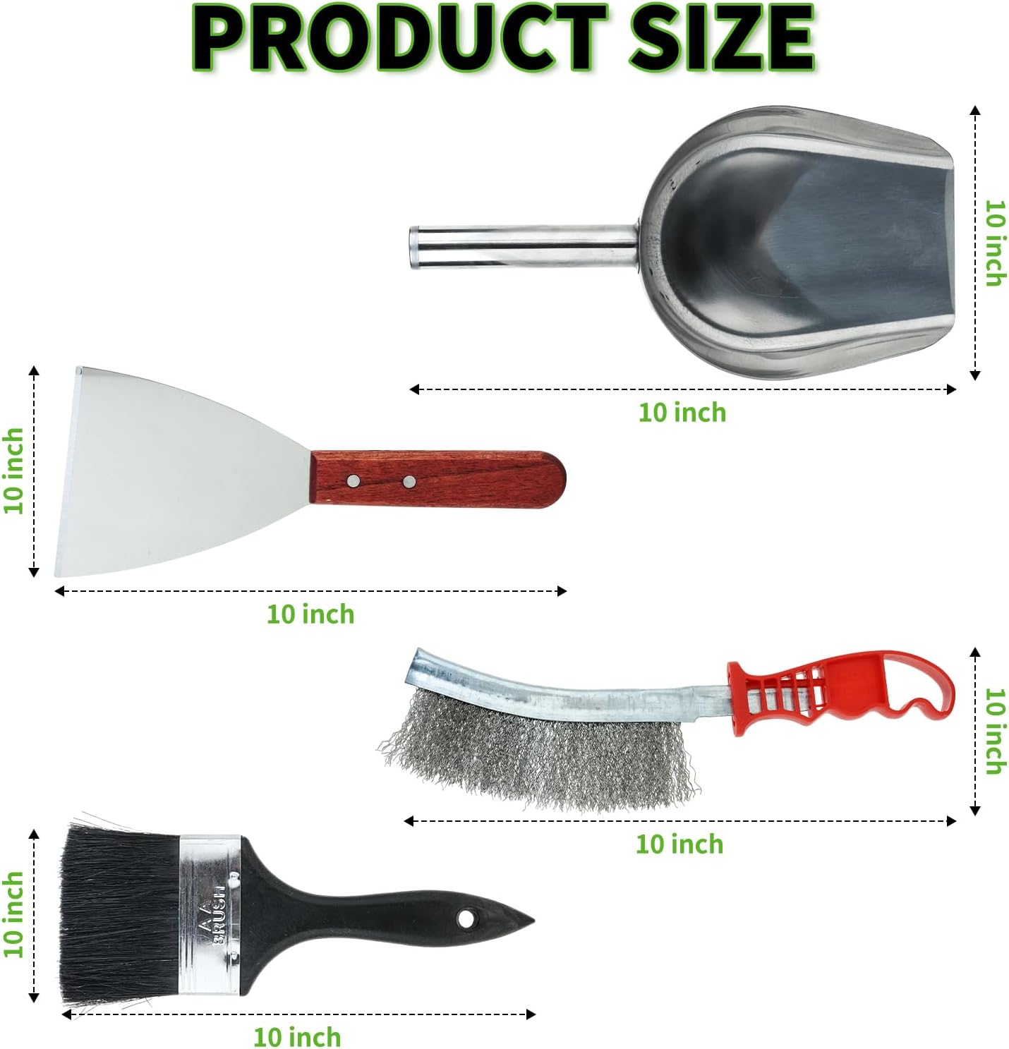 Grill Pellet Ash Cleaning 4-Piece Kit（Metal Material Durability） Includes Wire Brush，Ash Shovel，Bristle Brush，Angled Shovel，Effortlessly Removes Stubborn Grime & Collects Ash Debris