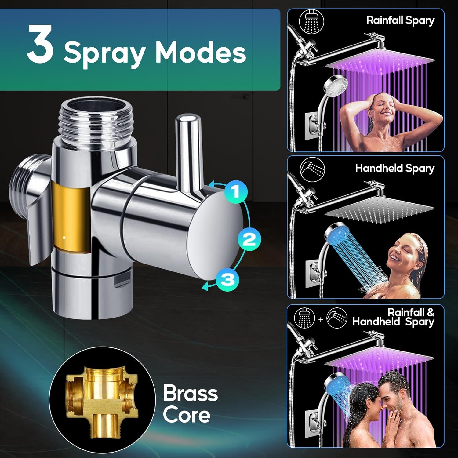 LED Shower Head, 12’’ LED Shower Head with Color Changing Lights, High Pressure Rainfall Shower Head Combo, Chrome Stainless Steel & 11’’ Flexible Curved Arm, 60’’ Hose